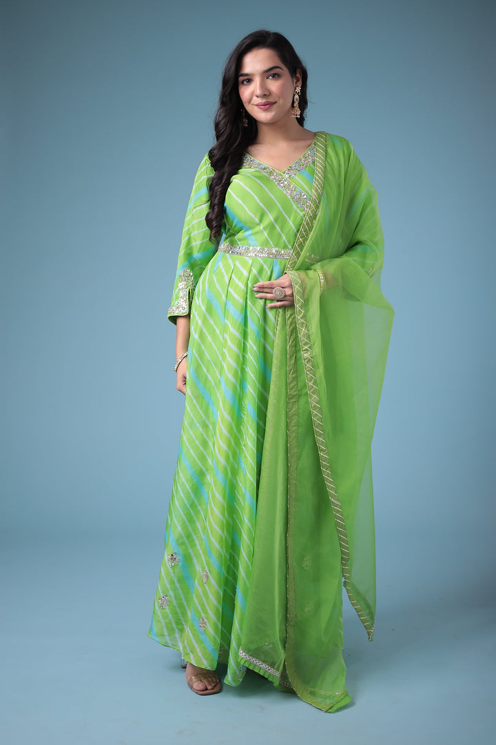Embroidered Leheriya Anarkali Silk Suit with Gota Patti and Zardozi work