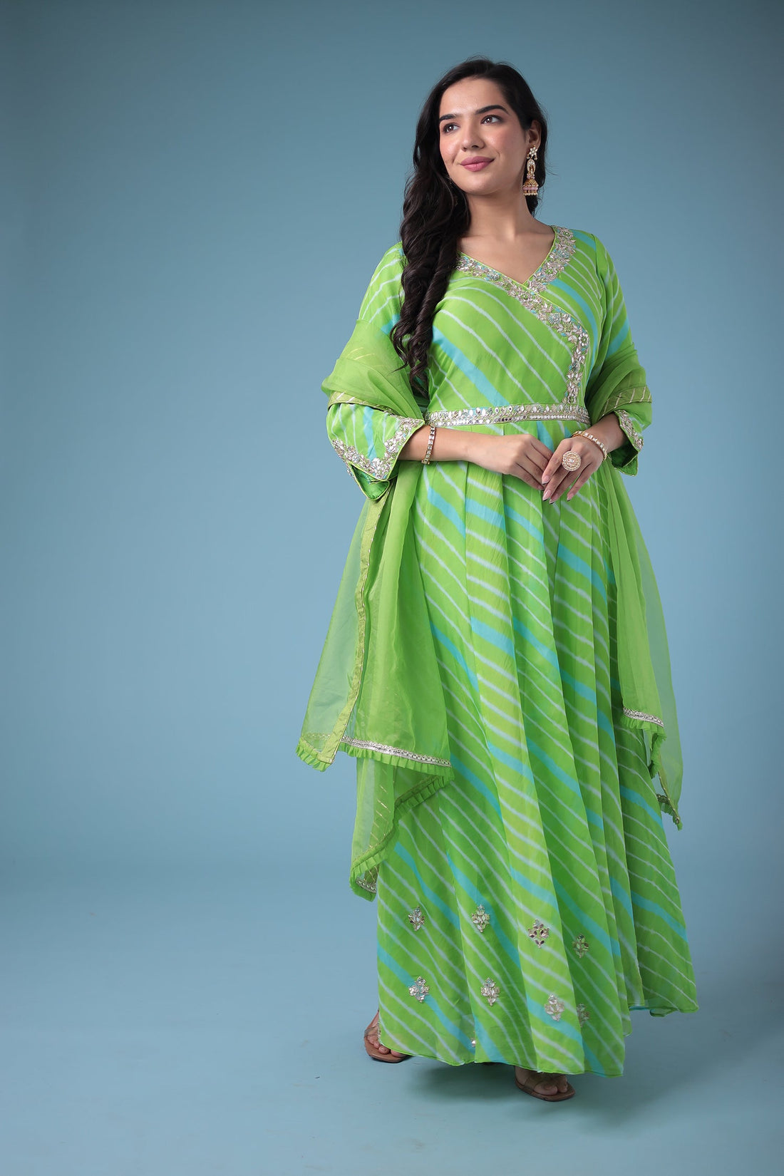 Embroidered Leheriya Anarkali Silk Suit with Gota Patti and Zardozi work