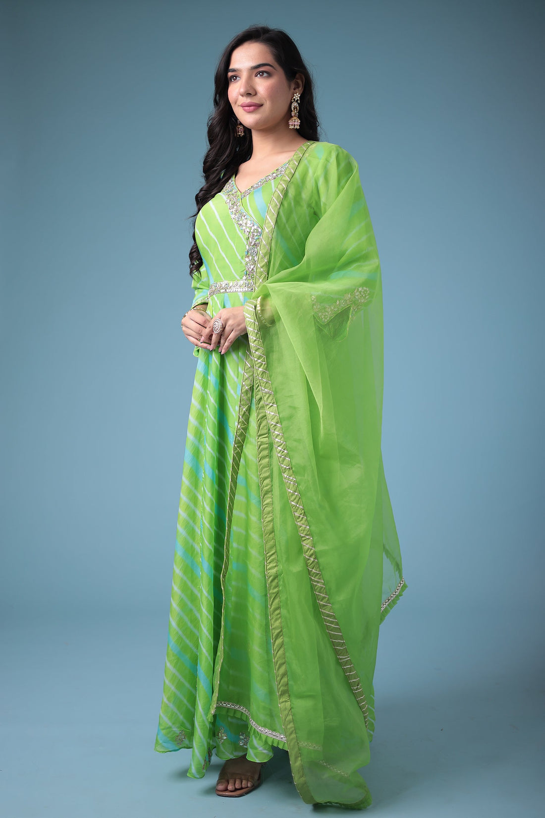 Embroidered Leheriya Anarkali Silk Suit with Gota Patti and Zardozi work