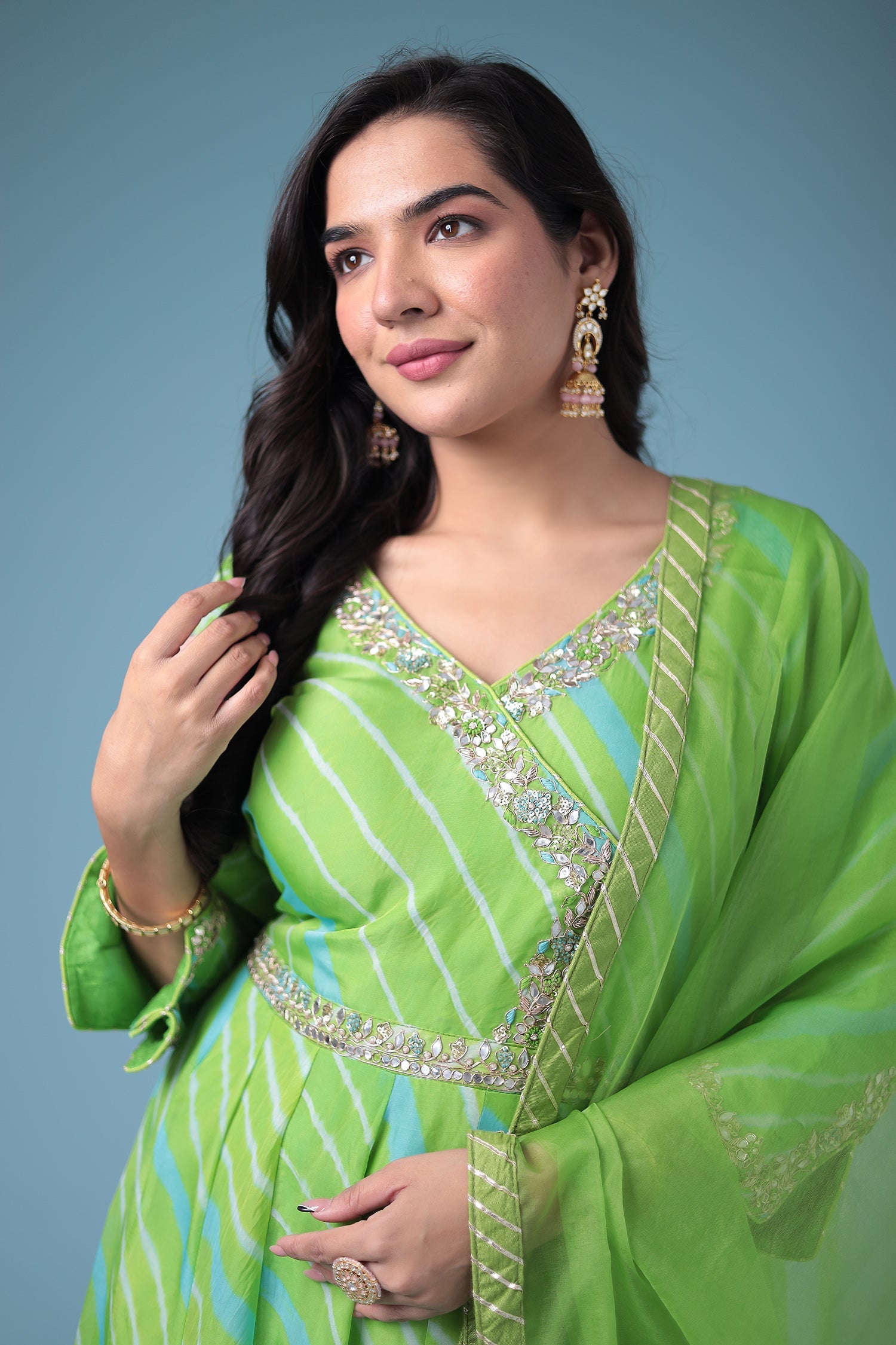 Embroidered Leheriya Anarkali Silk Suit with Gota Patti and Zardozi work