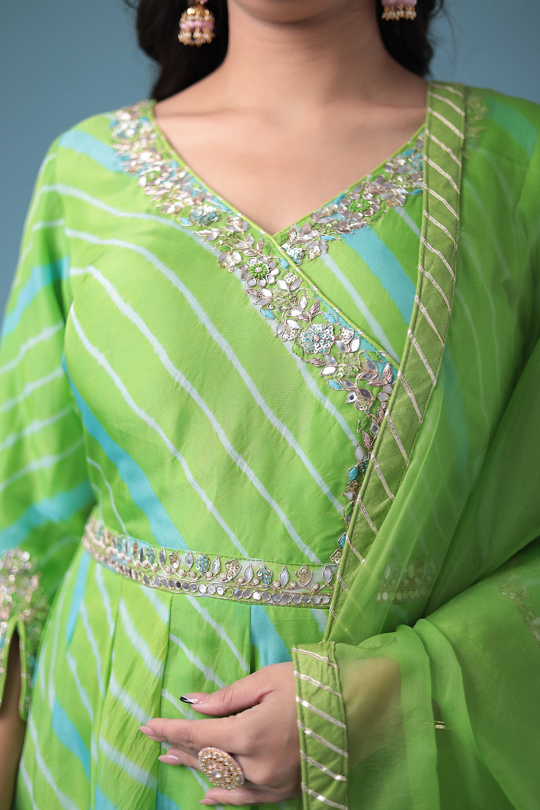 Embroidered Leheriya Anarkali Silk Suit with Gota Patti and Zardozi work