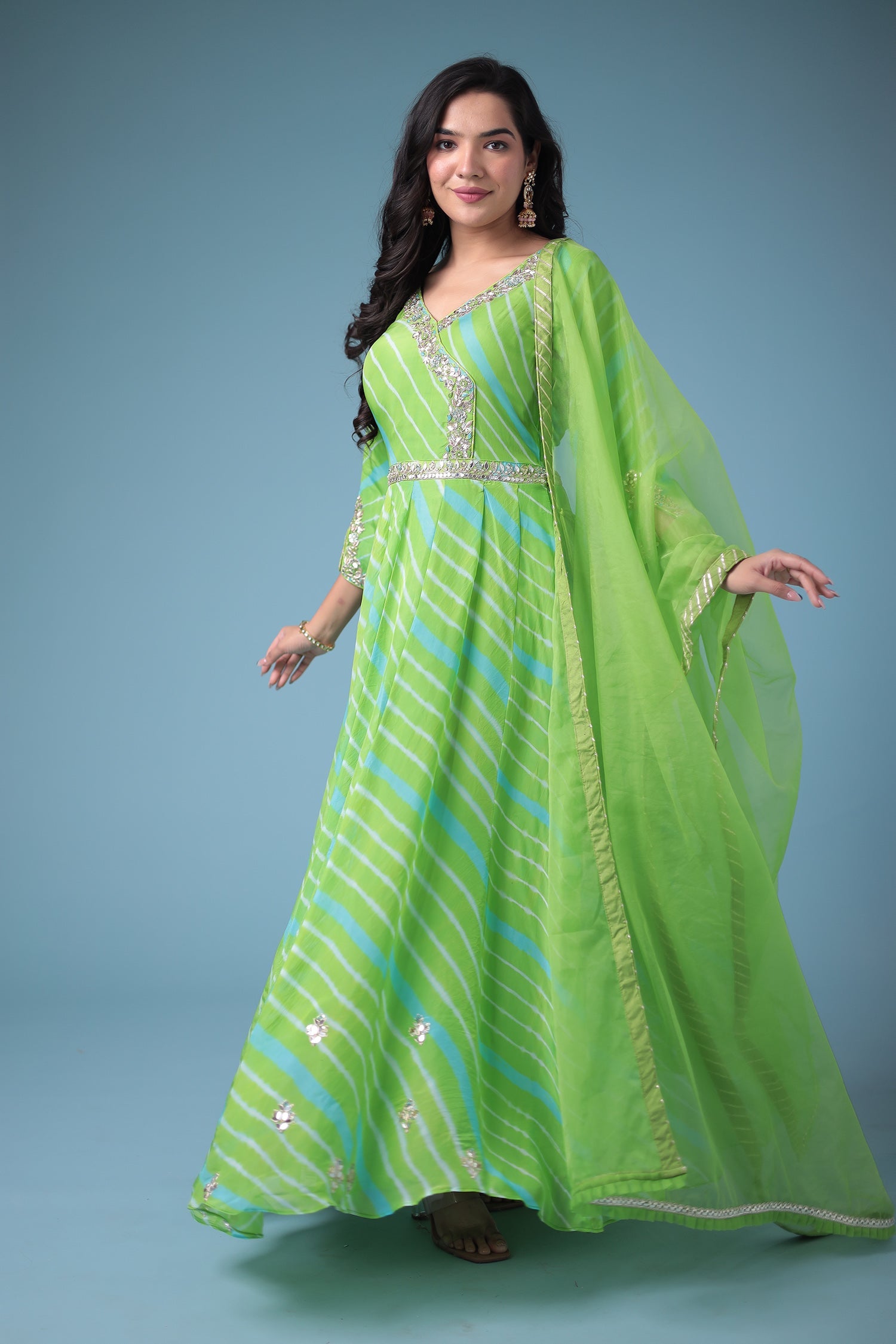 Embroidered Leheriya Anarkali Silk Suit with Gota Patti and Zardozi work