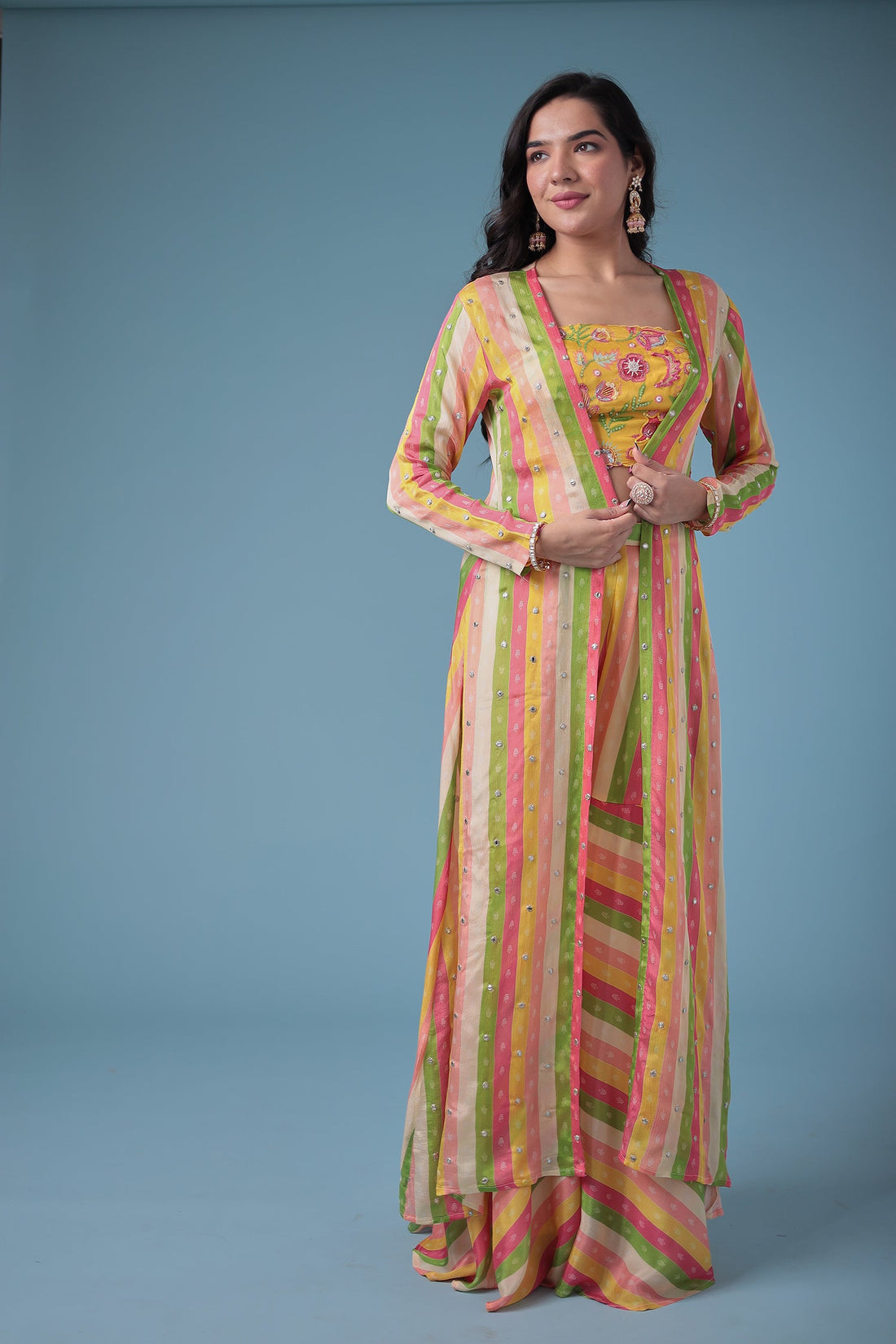 Leheriya Silk Indowestern Enhanced with Cutdana and Sequins work