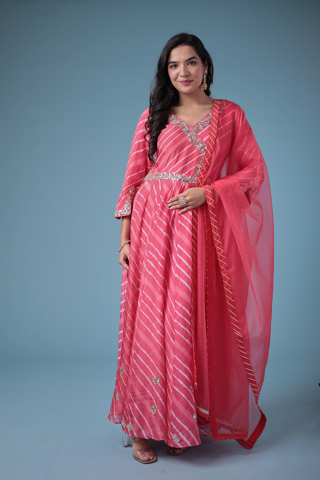 Embroidered Leheriya Anarkali Silk Suit with Gota Patti and Zardozi work
