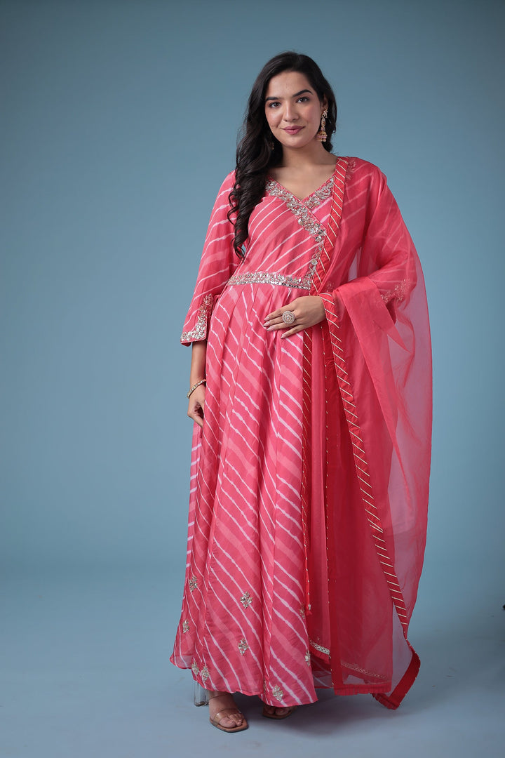 Embroidered Leheriya Anarkali Silk Suit with Gota Patti and Zardozi work