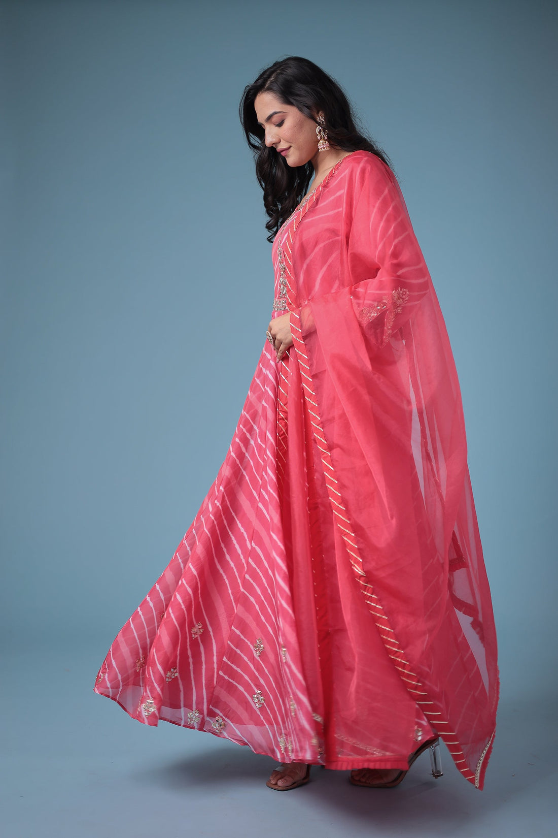 Embroidered Leheriya Anarkali Silk Suit with Gota Patti and Zardozi work