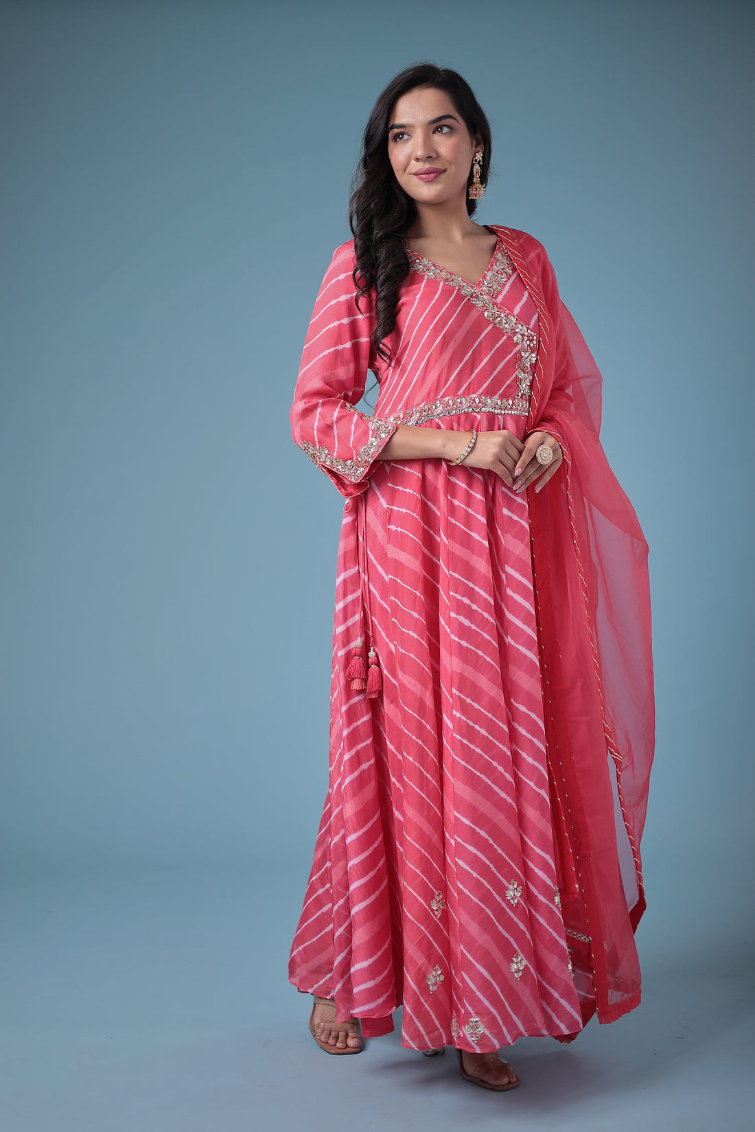 Embroidered Leheriya Anarkali Silk Suit with Gota Patti and Zardozi work