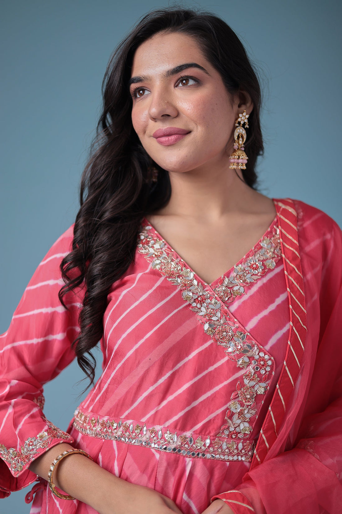 Embroidered Leheriya Anarkali Silk Suit with Gota Patti and Zardozi work