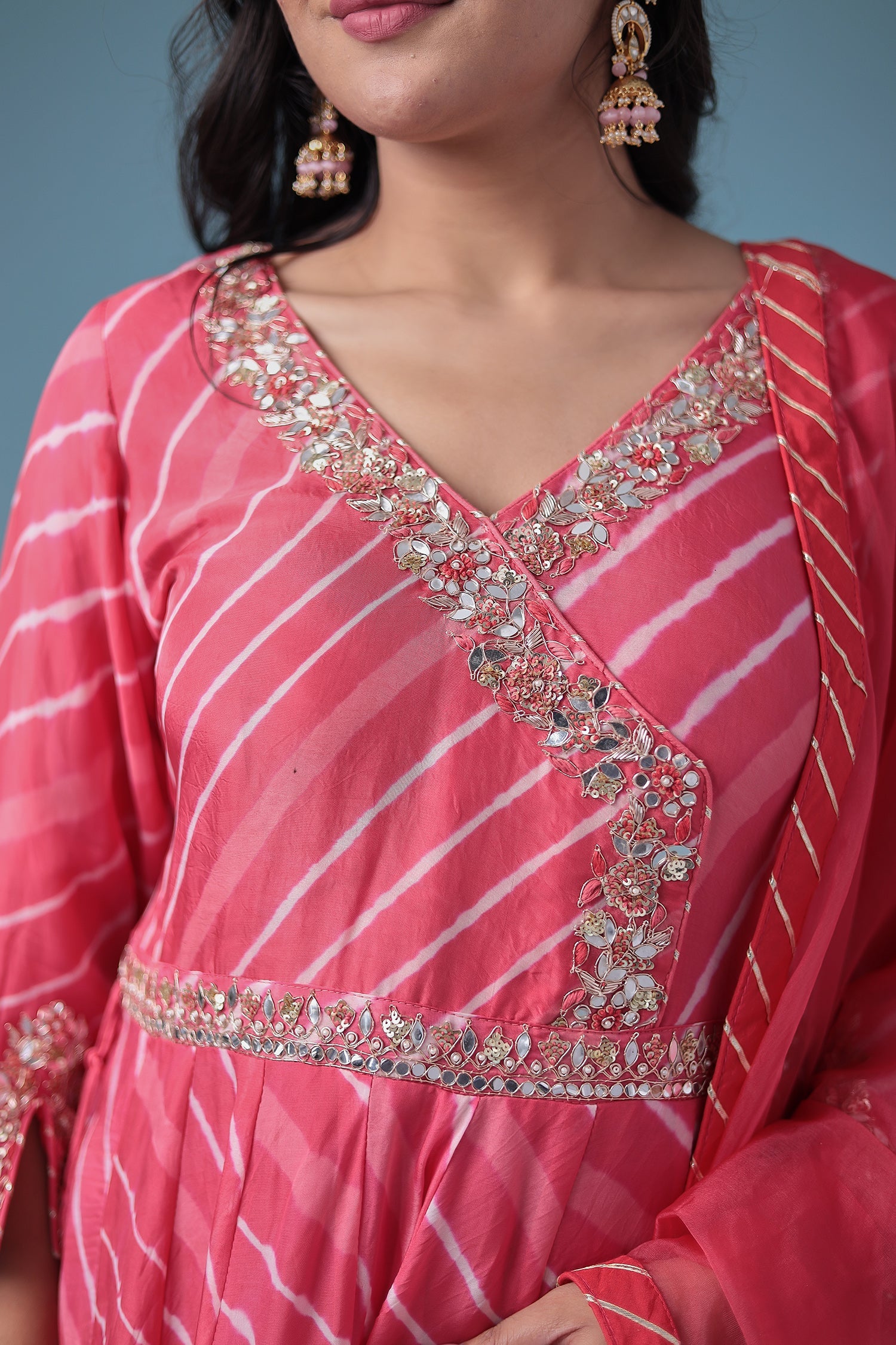 Embroidered Leheriya Anarkali Silk Suit with Gota Patti and Zardozi work
