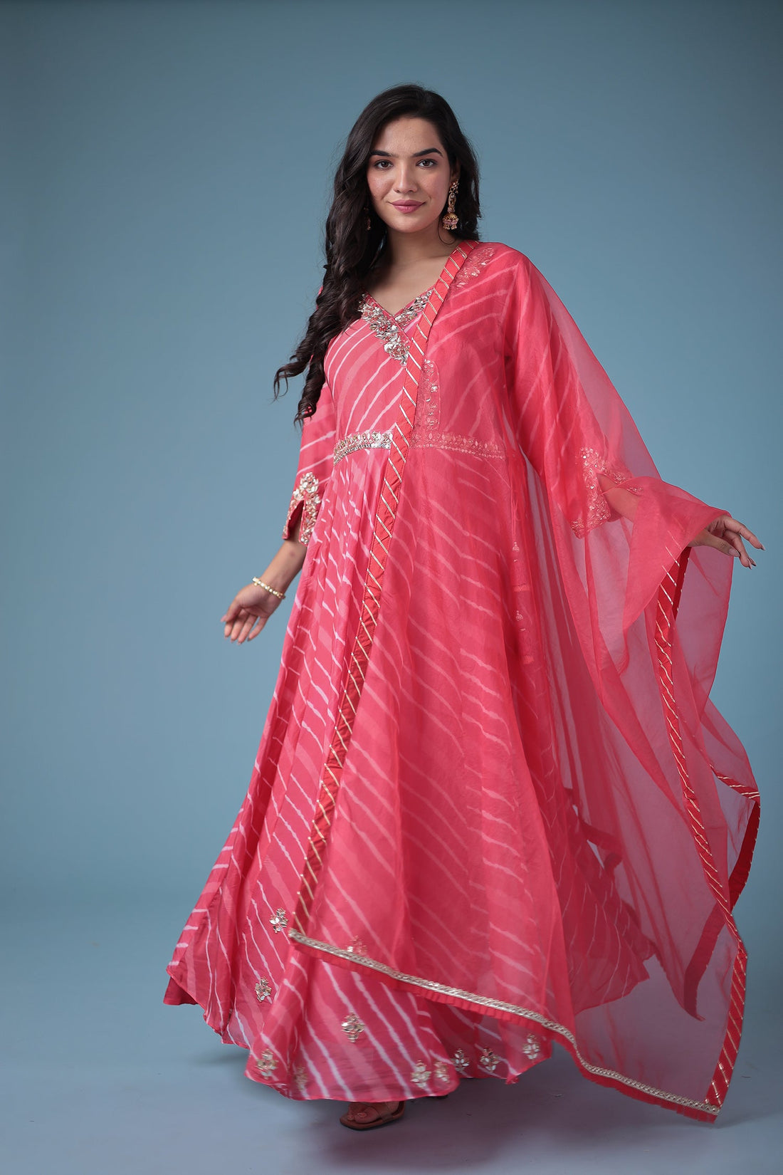 Embroidered Leheriya Anarkali Silk Suit with Gota Patti and Zardozi work