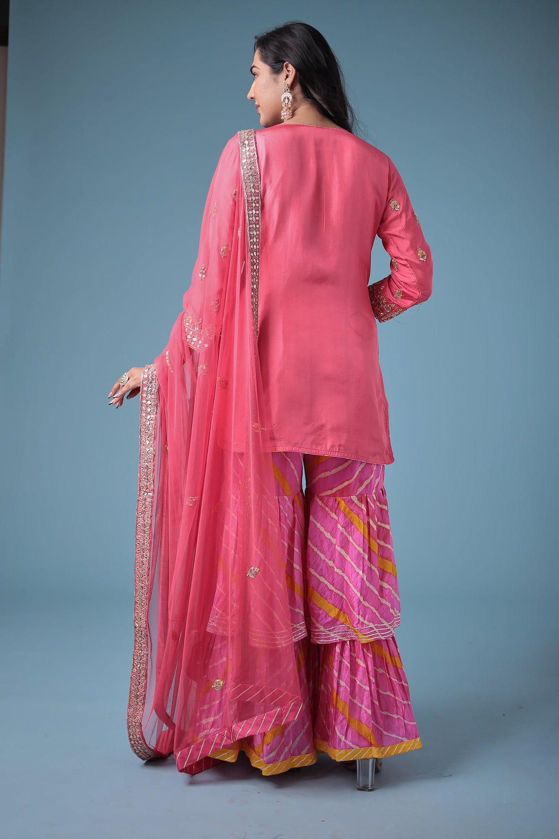 Embroidered Leheriya Silk Suit with Gota Patti and Zardozi work.