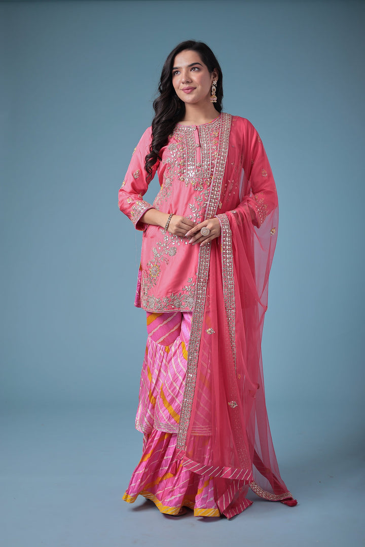 Embroidered Leheriya Silk Suit with Gota Patti and Zardozi work.