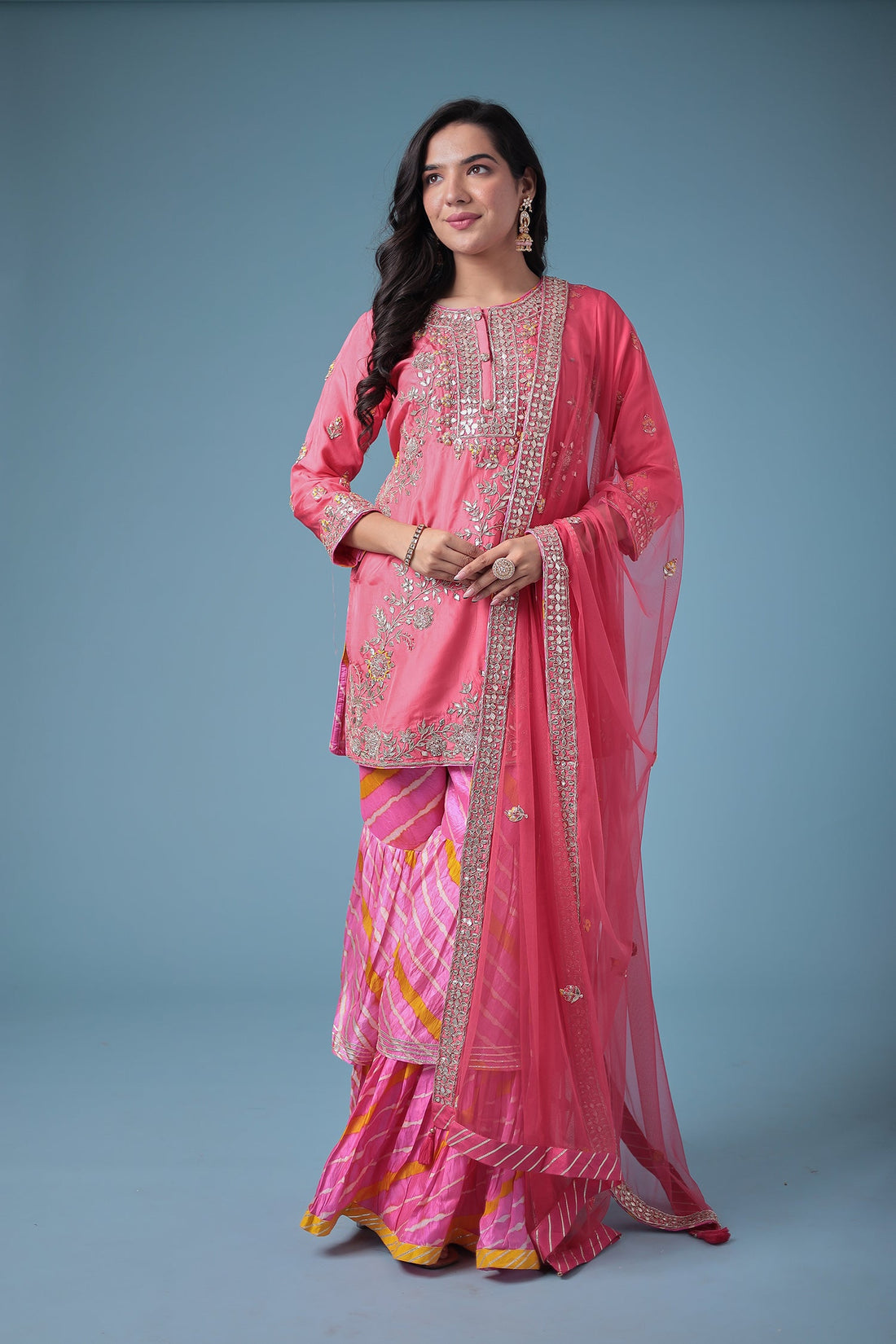 Embroidered Leheriya Silk Suit with Gota Patti and Zardozi work.