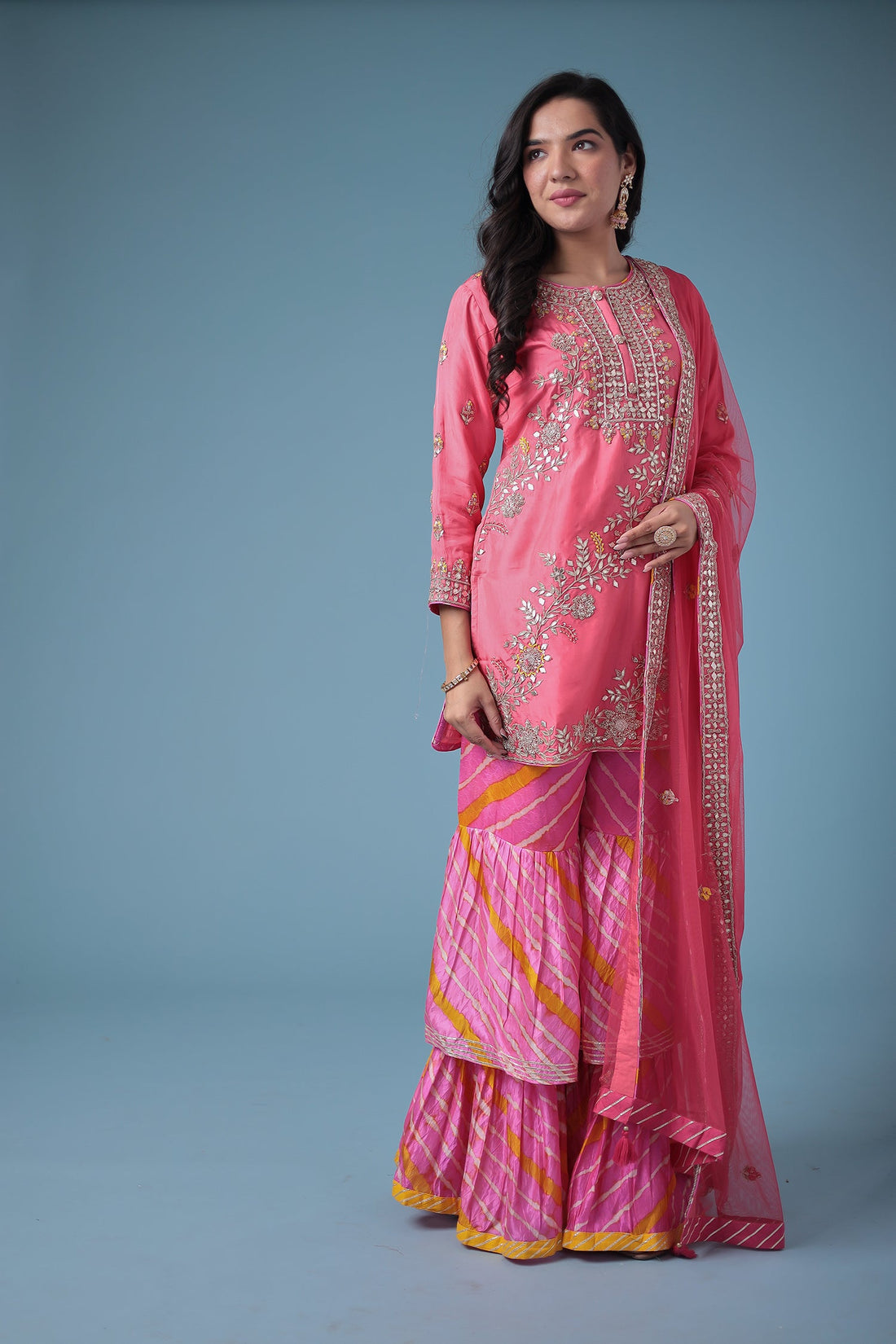 Embroidered Leheriya Silk Suit with Gota Patti and Zardozi work.
