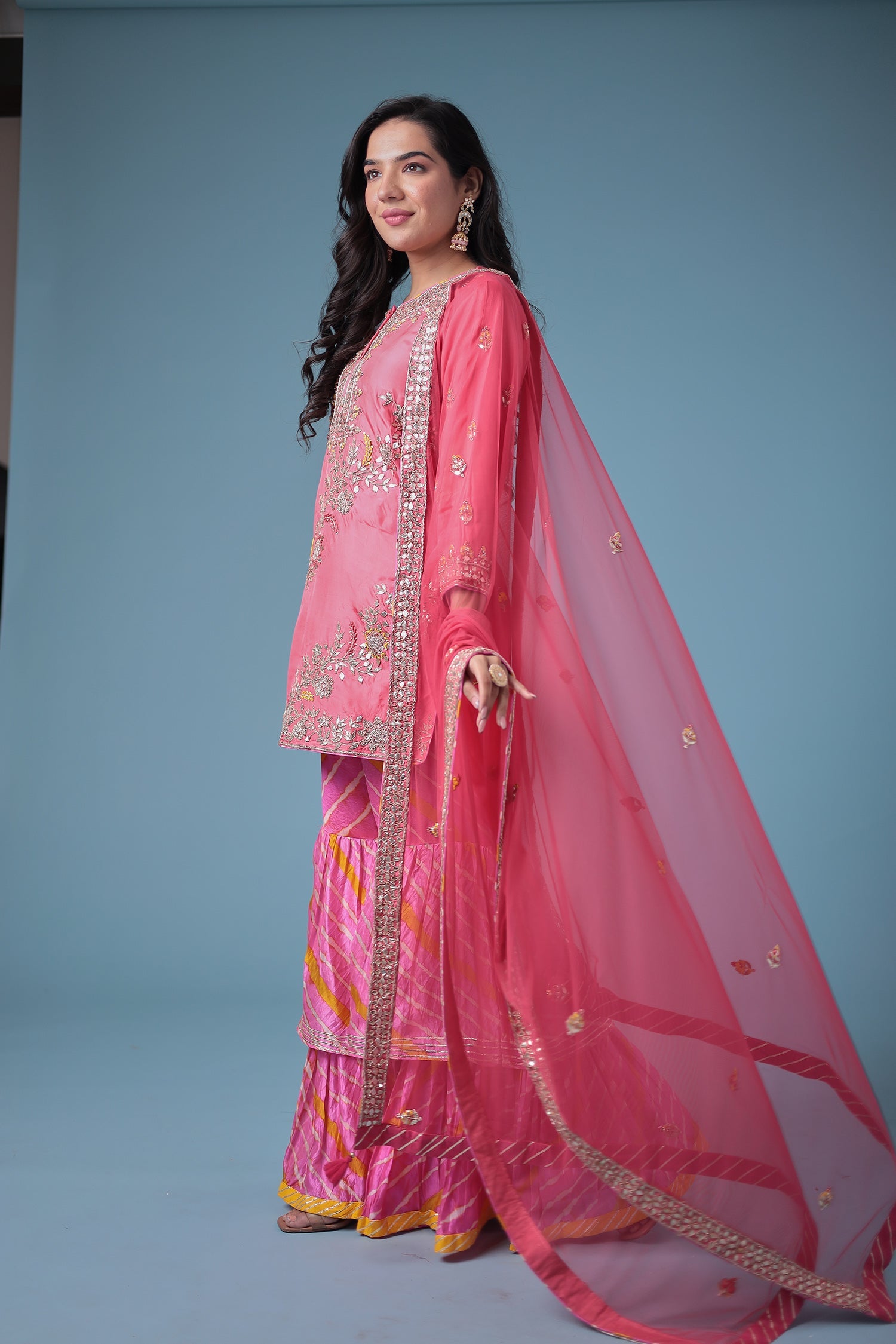 Embroidered Leheriya Silk Suit with Gota Patti and Zardozi work.