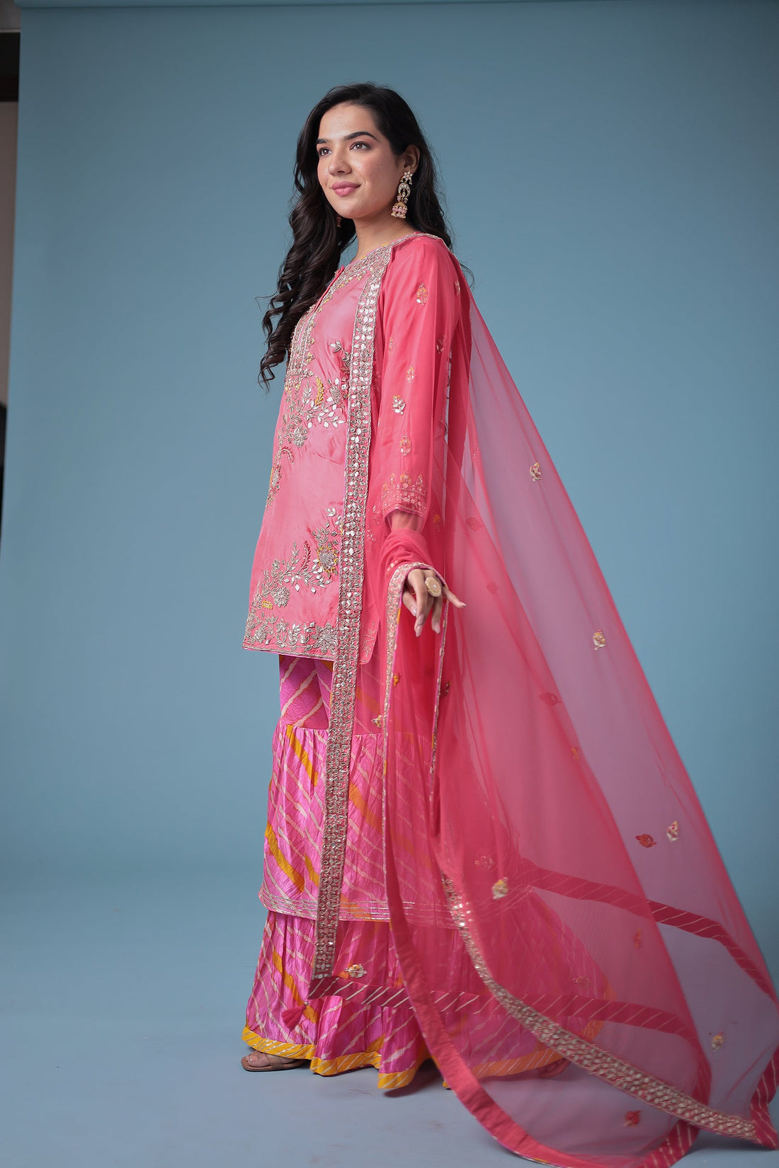 Embroidered Leheriya Silk Suit with Gota Patti and Zardozi work.