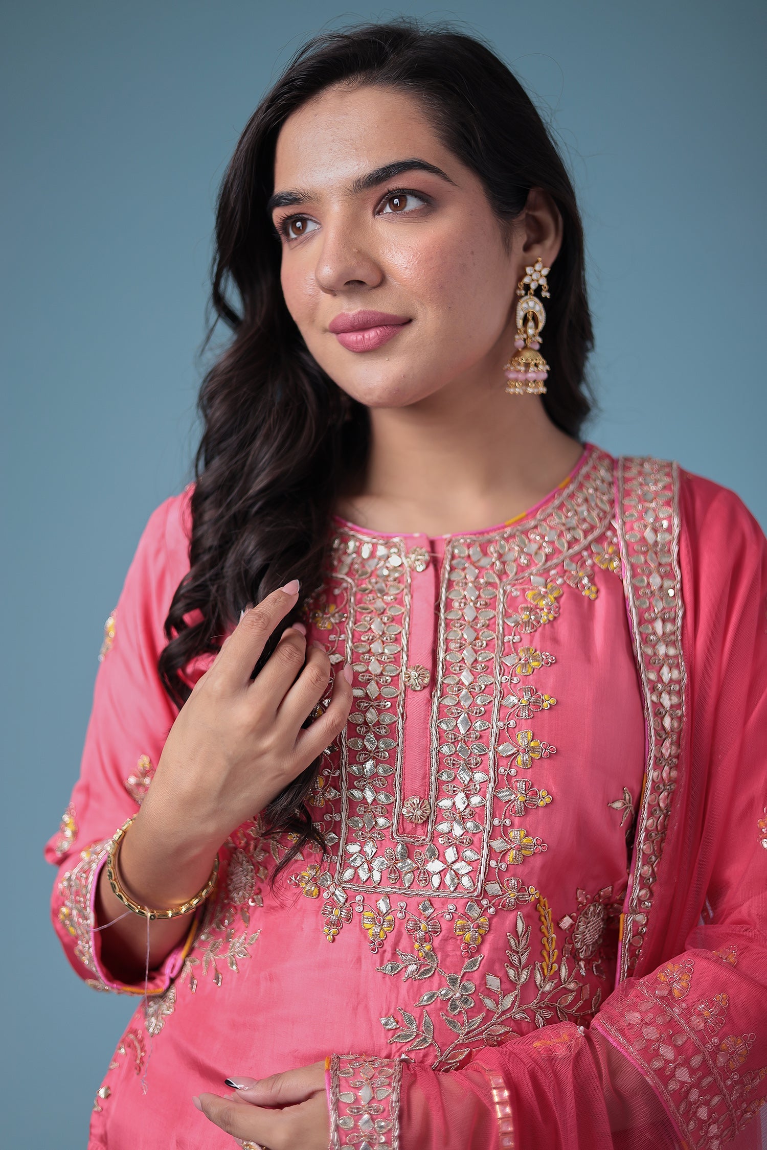 Embroidered Leheriya Silk Suit with Gota Patti and Zardozi work.