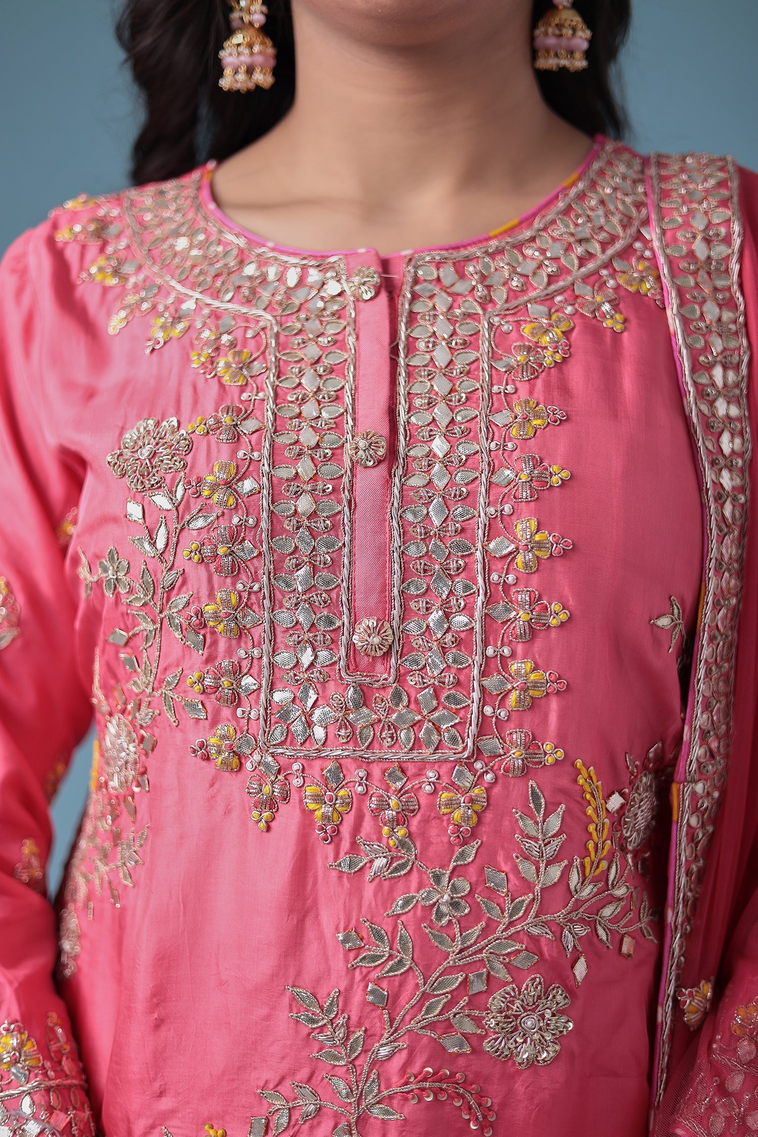 Embroidered Leheriya Silk Suit with Gota Patti and Zardozi work.