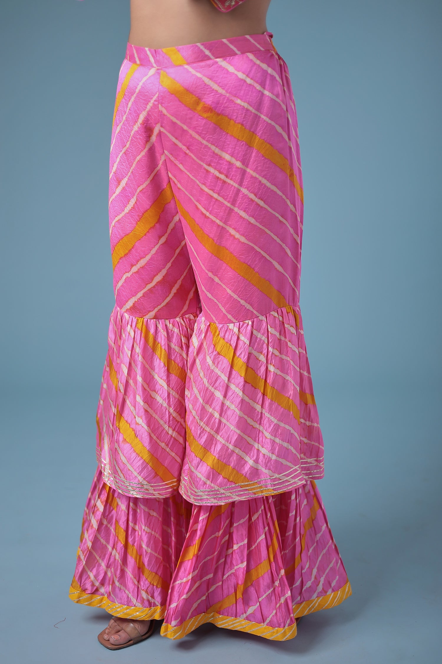 Embroidered Leheriya Silk Suit with Gota Patti and Zardozi work.