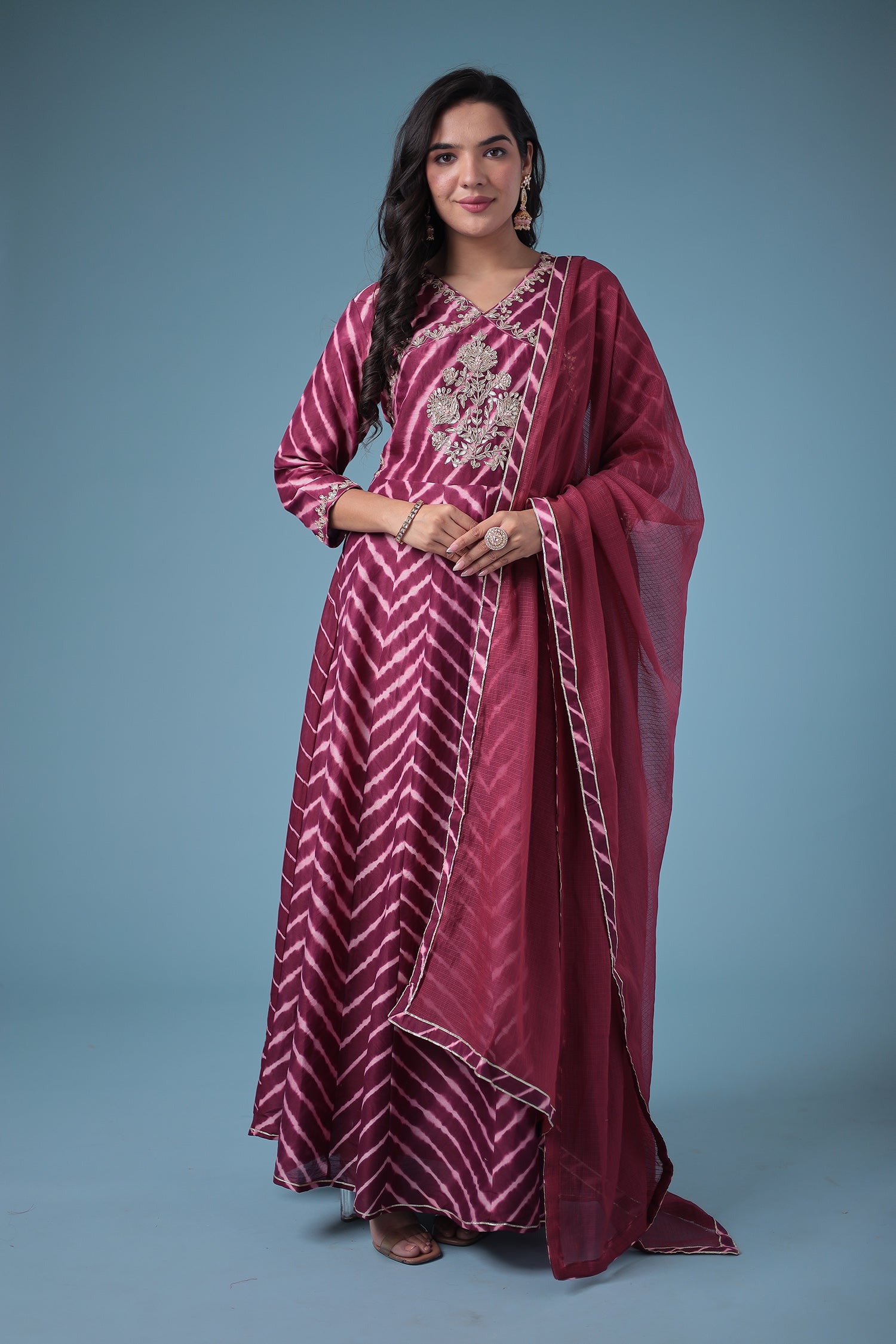 Embroidered Leheriya Chanderi Suit with Gota Patti work.