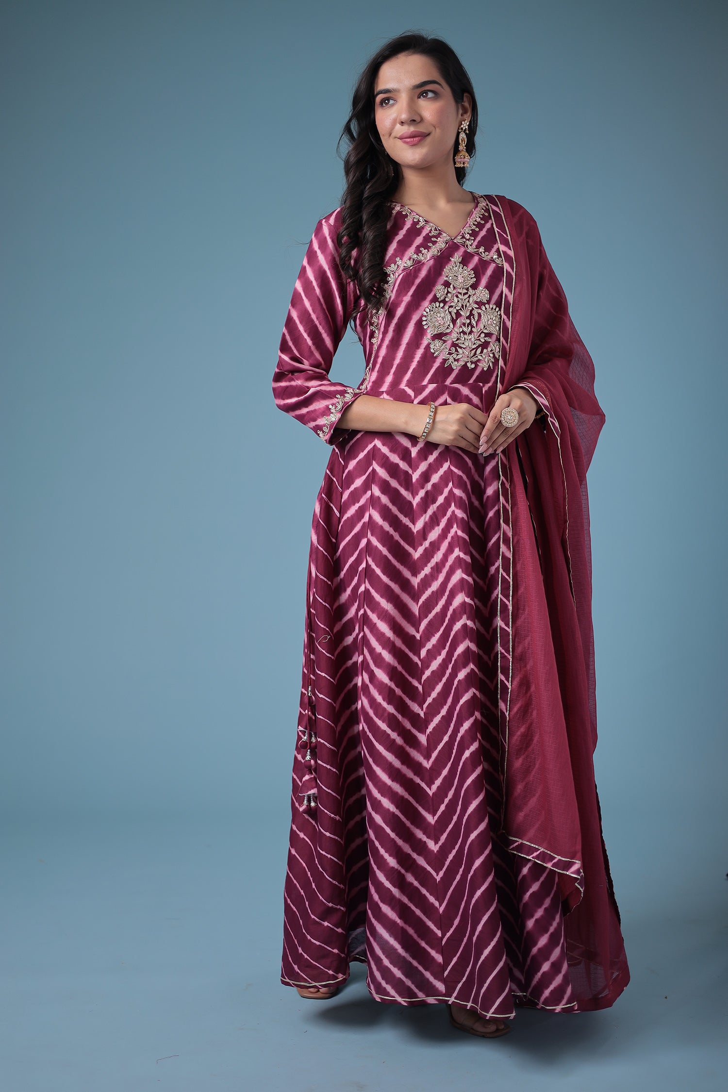 Embroidered Leheriya Chanderi Suit with Gota Patti work.