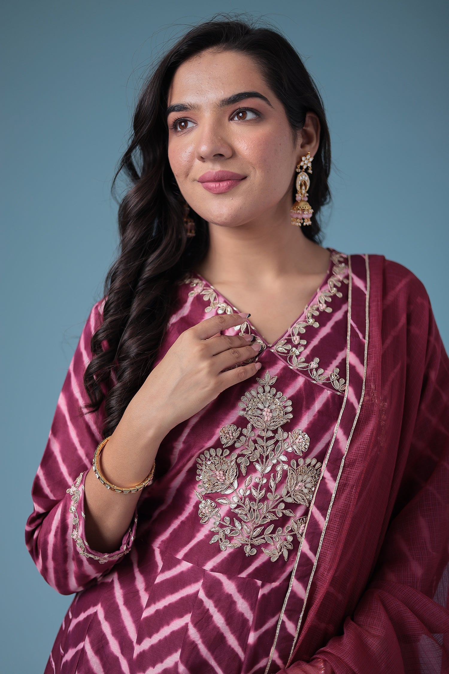 Embroidered Leheriya Chanderi Suit with Gota Patti work.