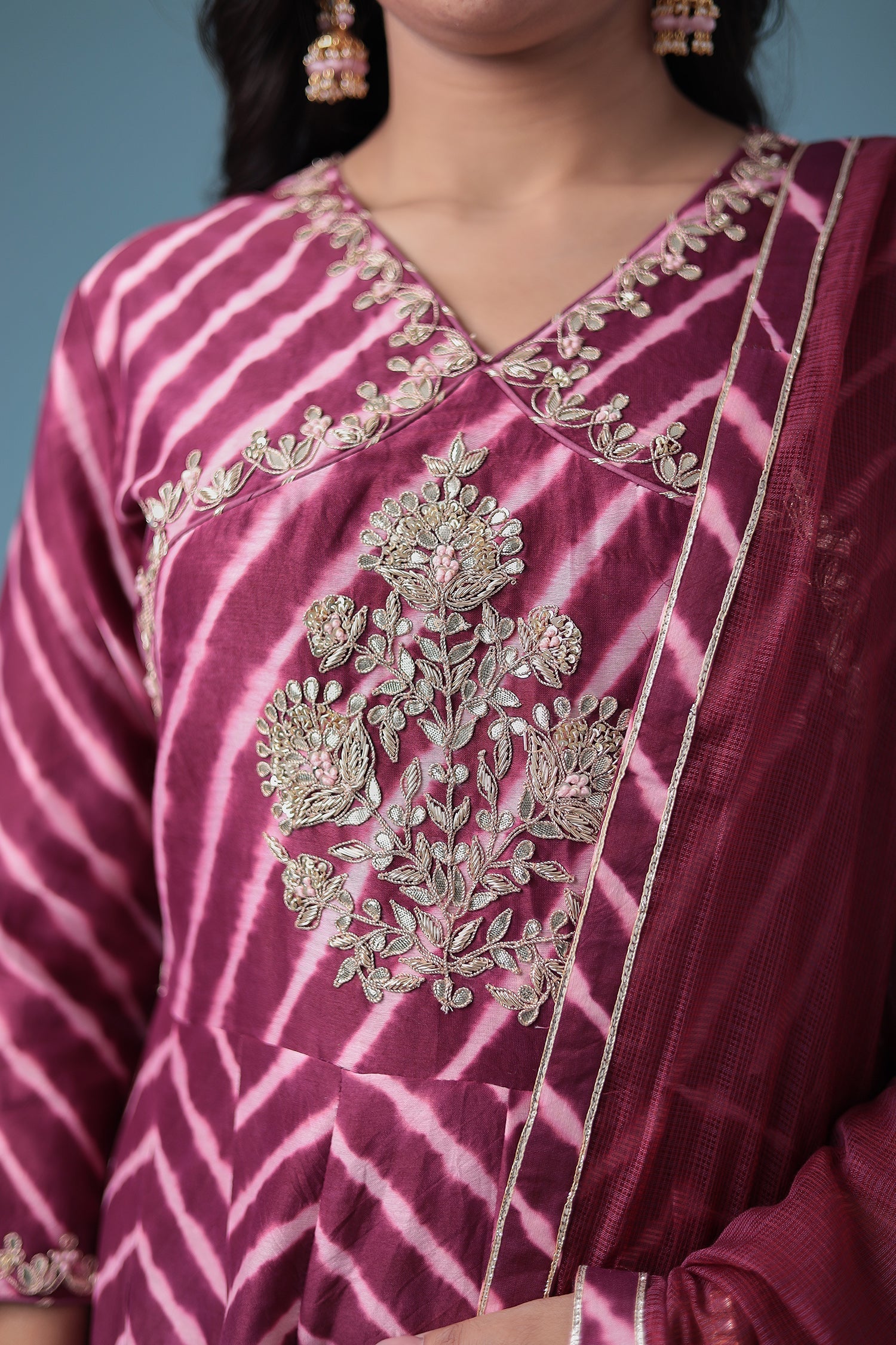 Embroidered Leheriya Chanderi Suit with Gota Patti work.