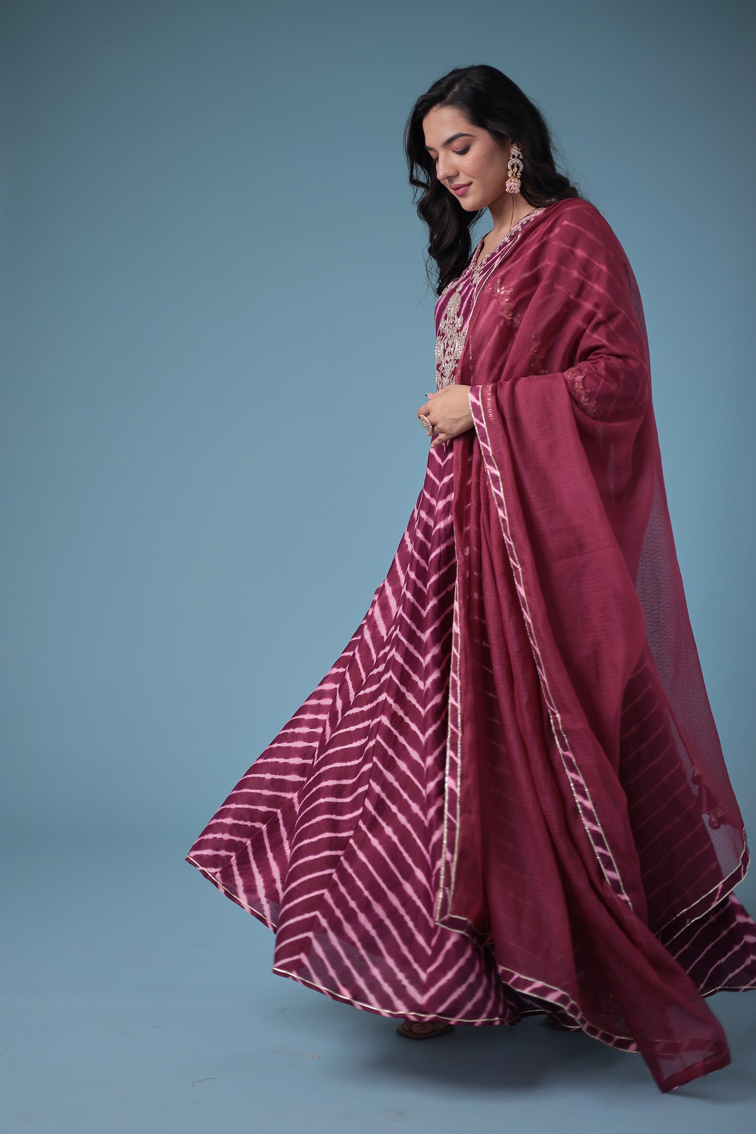 Embroidered Leheriya Chanderi Suit with Gota Patti work.