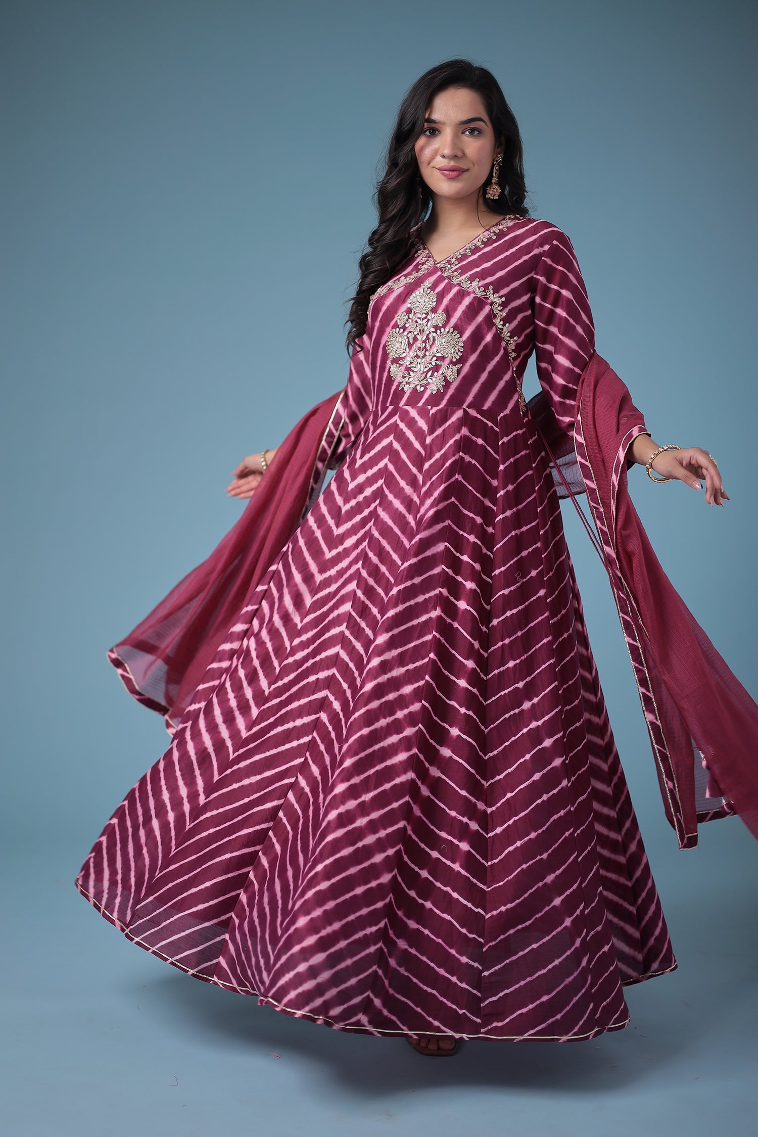 Embroidered Leheriya Chanderi Suit with Gota Patti work.