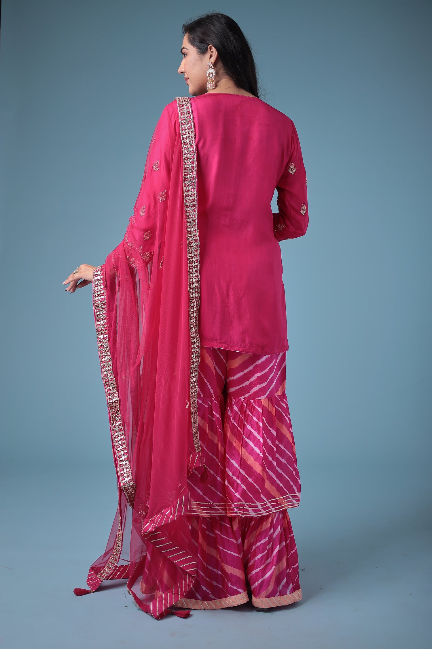 Embroidered Leheriya Silk Suit with Gota Patti and Zardozi work.