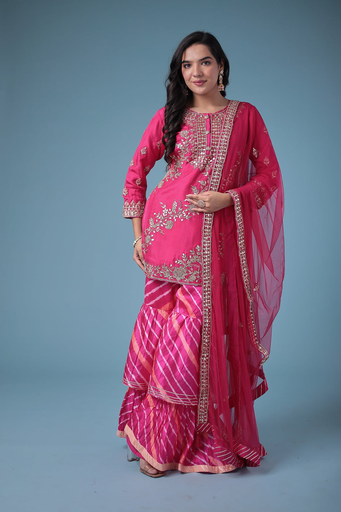Embroidered Leheriya Silk Suit with Gota Patti and Zardozi work.
