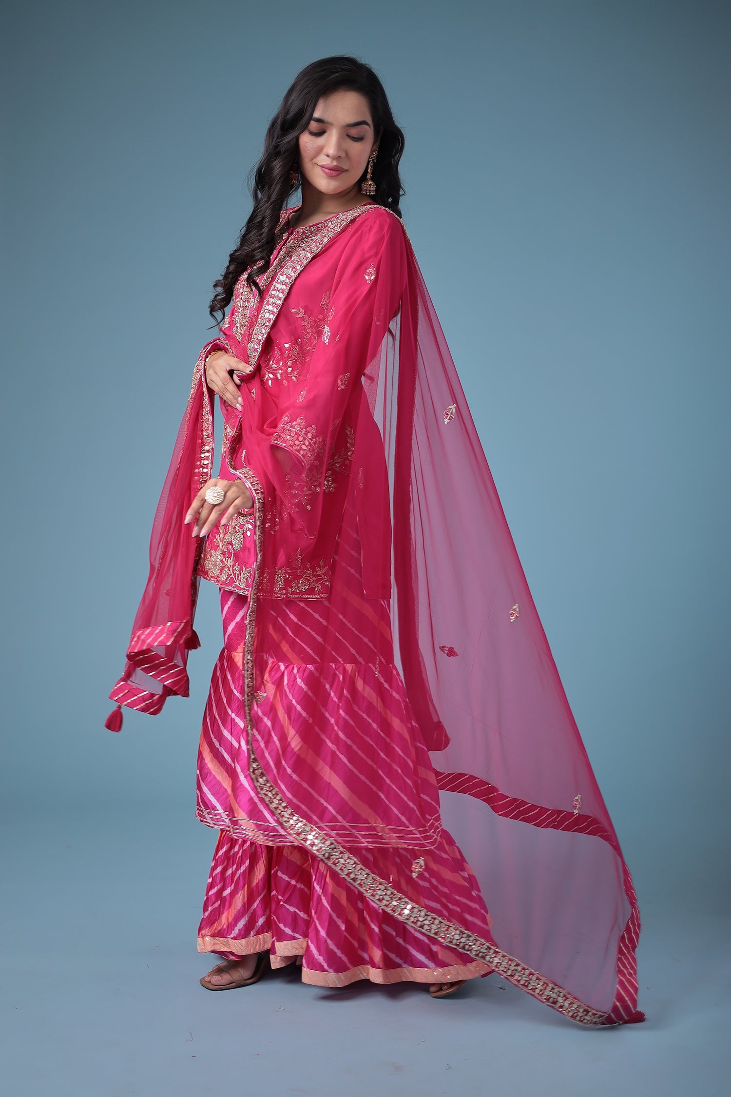 Embroidered Leheriya Silk Suit with Gota Patti and Zardozi work.