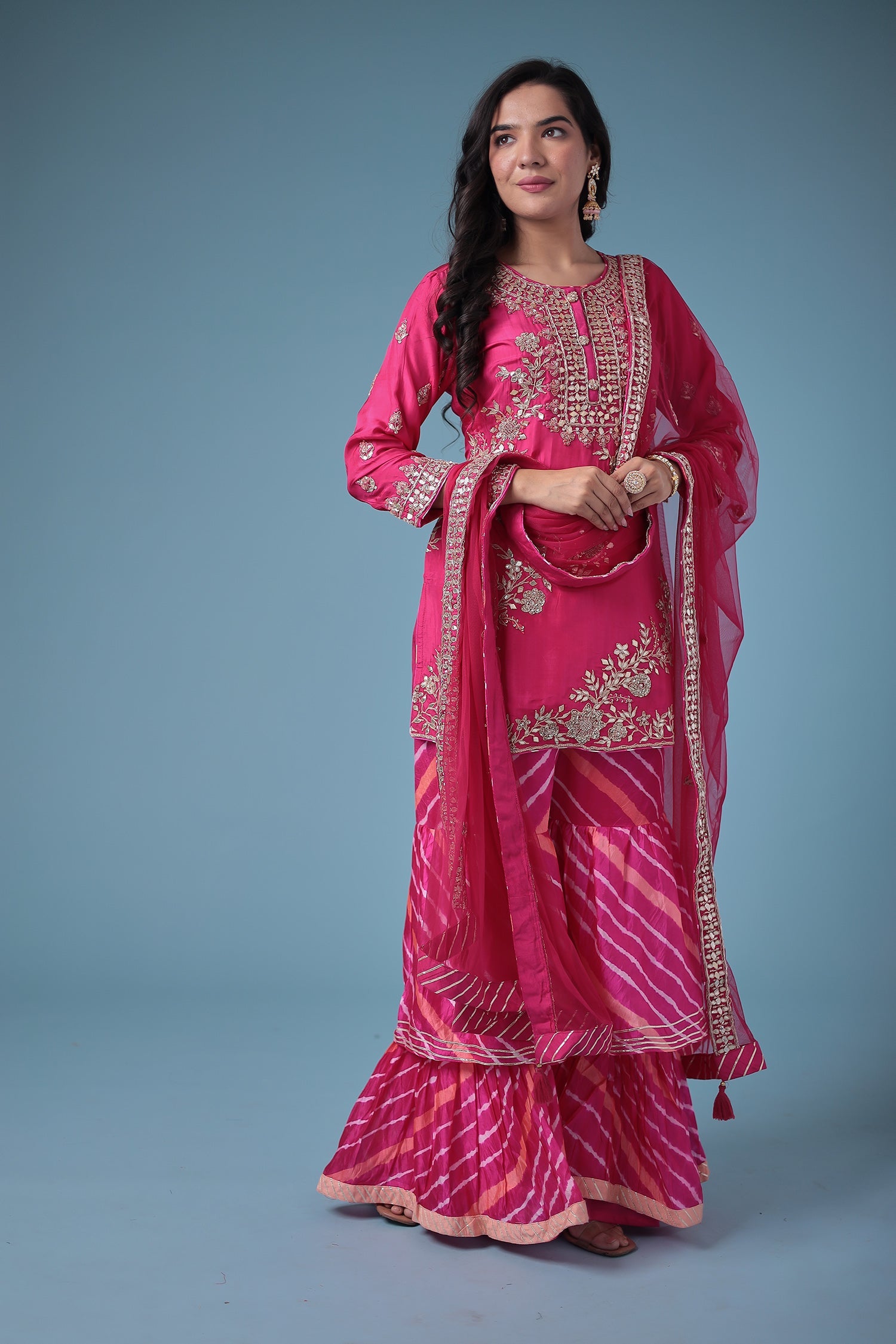 Embroidered Leheriya Silk Suit with Gota Patti and Zardozi work.