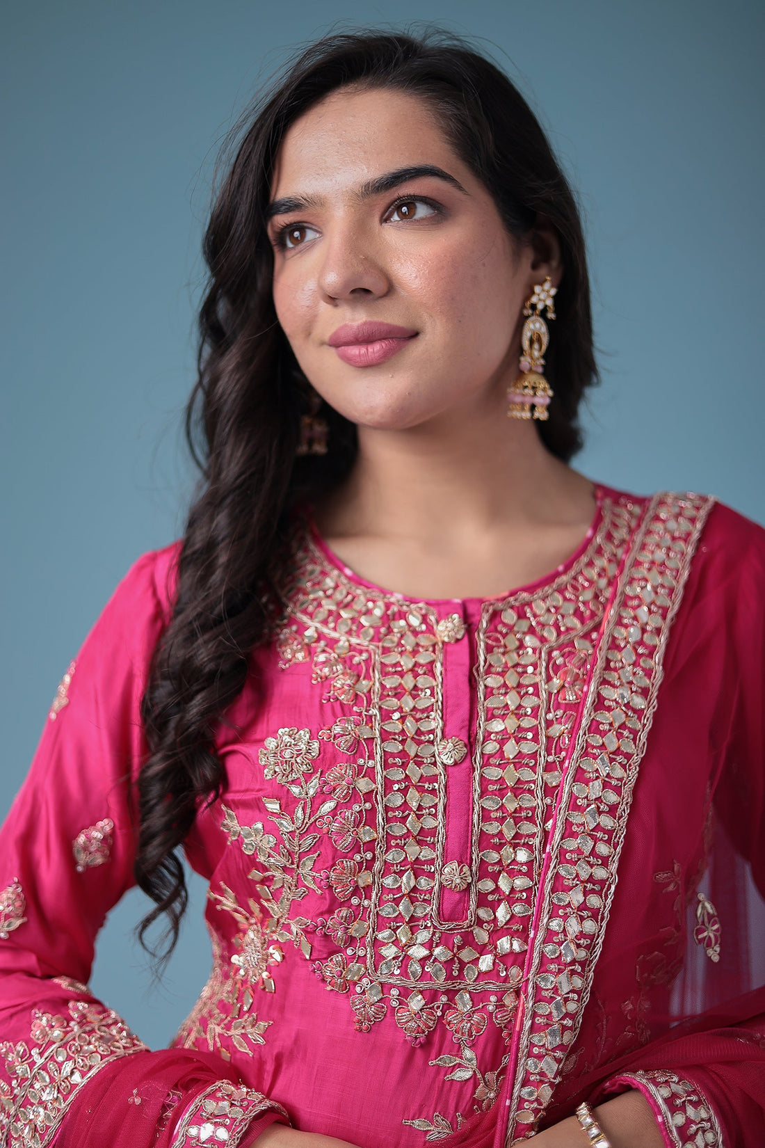Embroidered Leheriya Silk Suit with Gota Patti and Zardozi work.