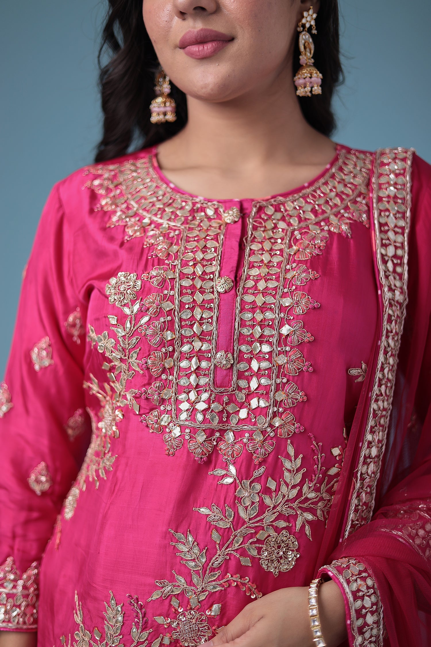 Embroidered Leheriya Silk Suit with Gota Patti and Zardozi work.