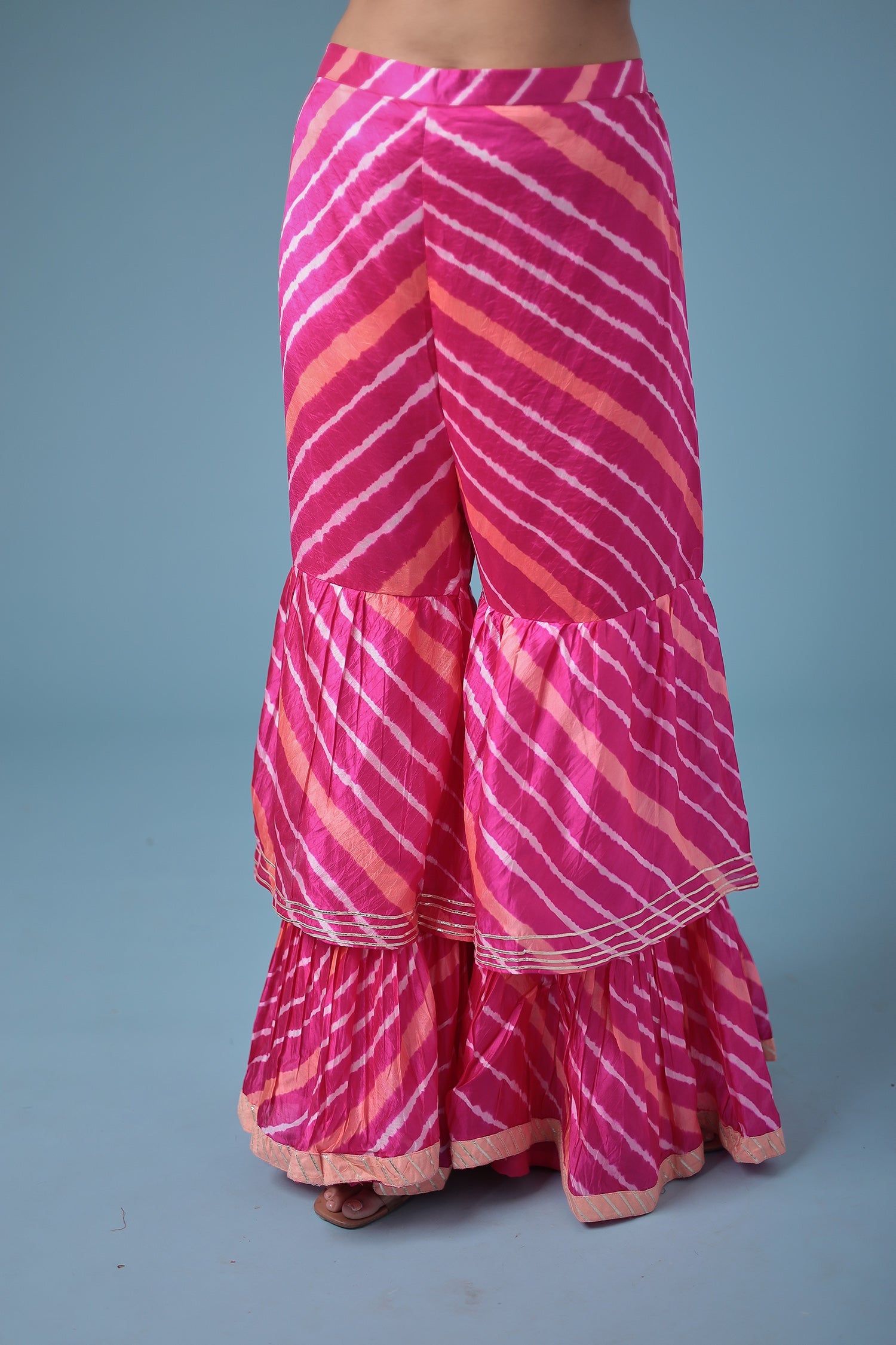 Embroidered Leheriya Silk Suit with Gota Patti and Zardozi work.