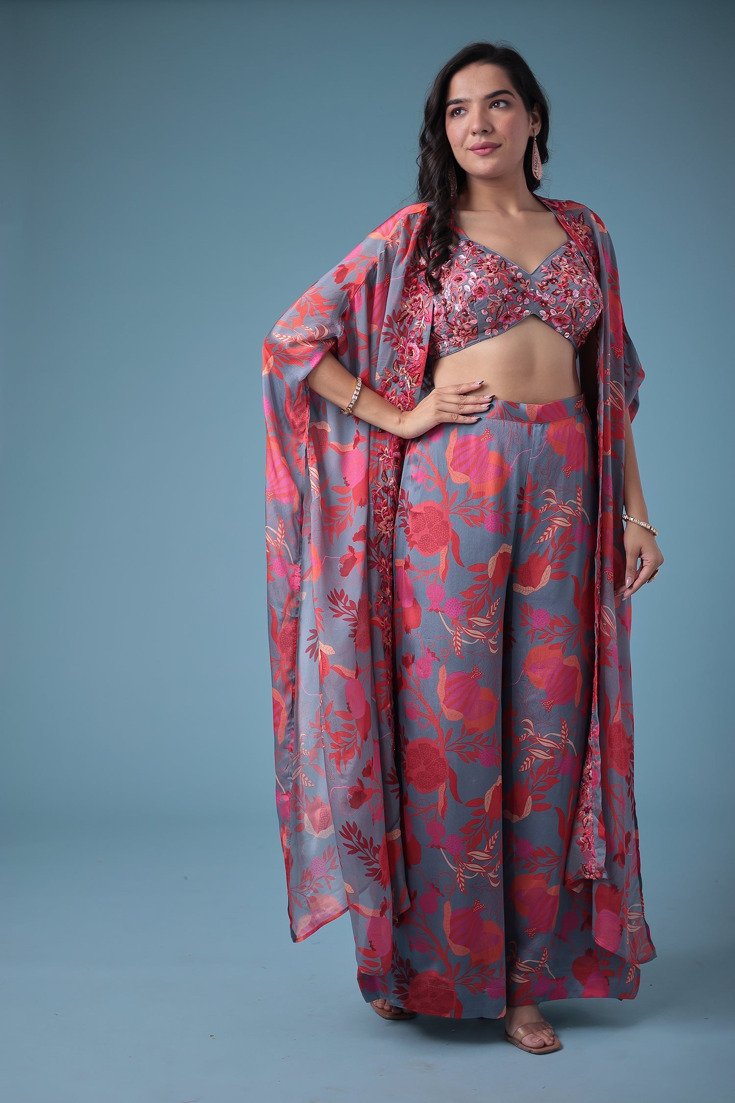 Embroidered Printed Silk Indowestern with Sequins work