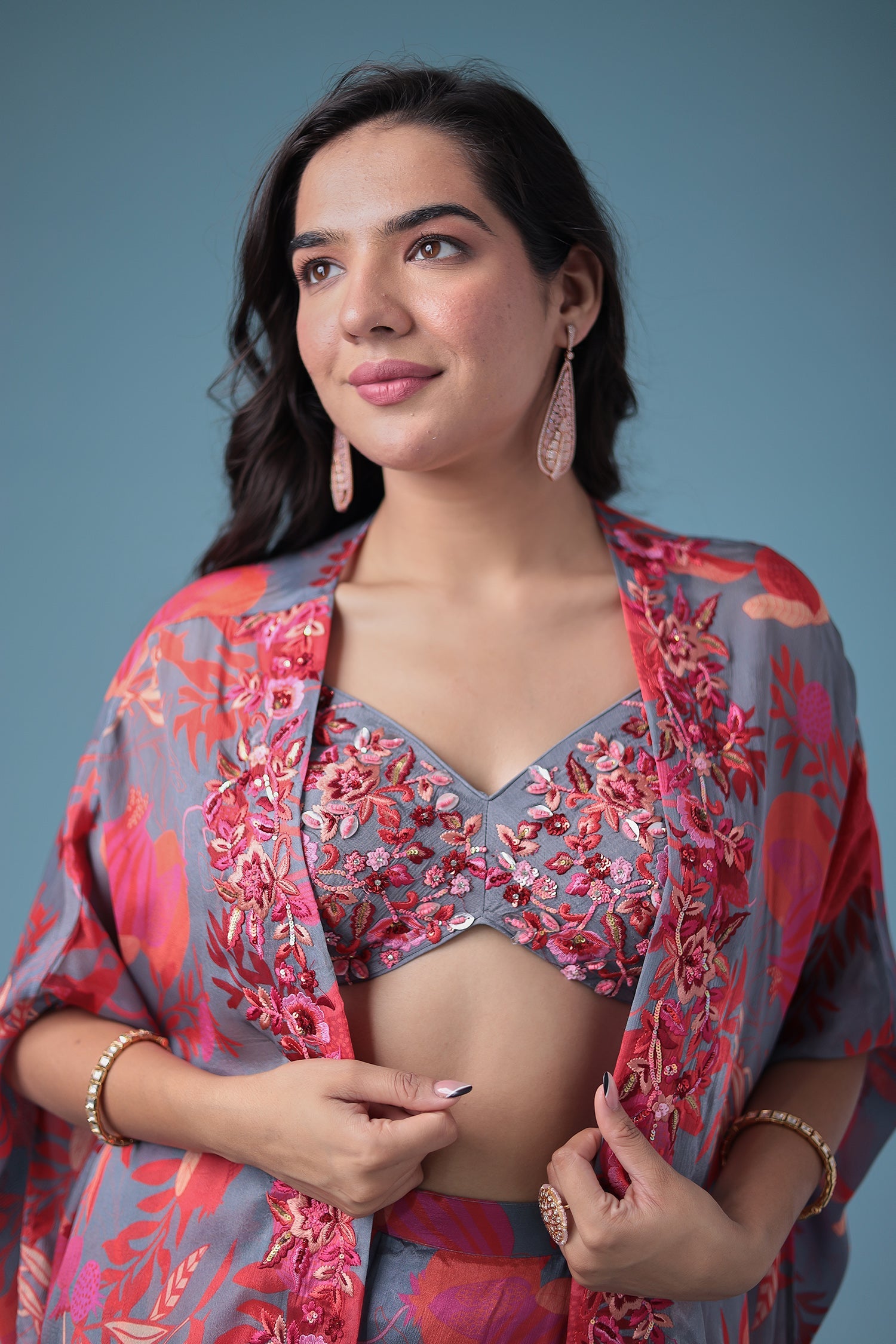 Embroidered Printed Silk Indowestern with Sequins work