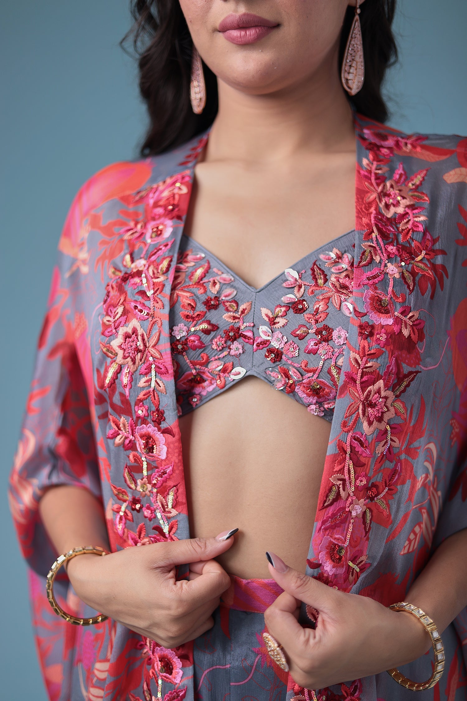 Embroidered Printed Silk Indowestern with Sequins work