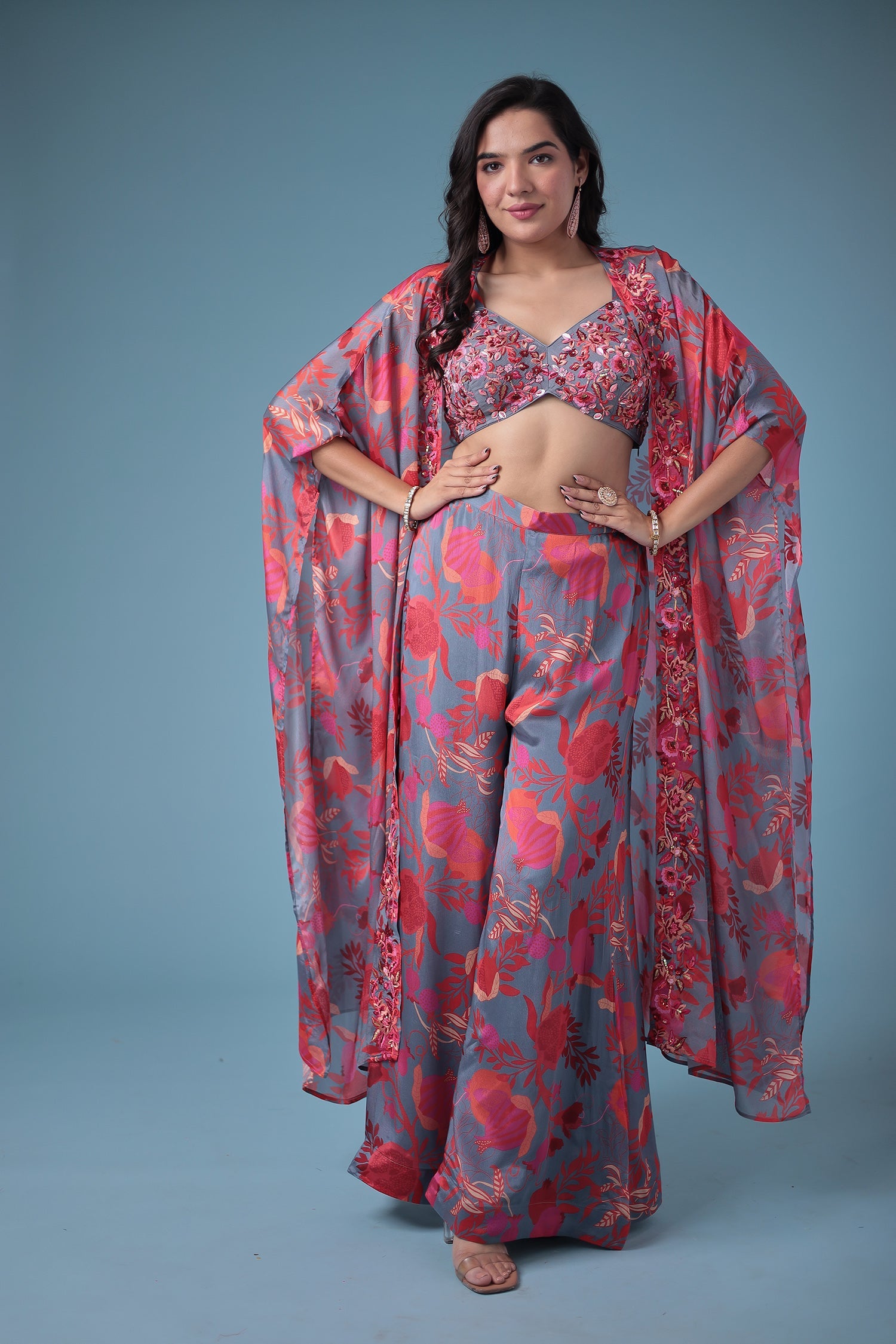 Embroidered Printed Silk Indowestern with Sequins work