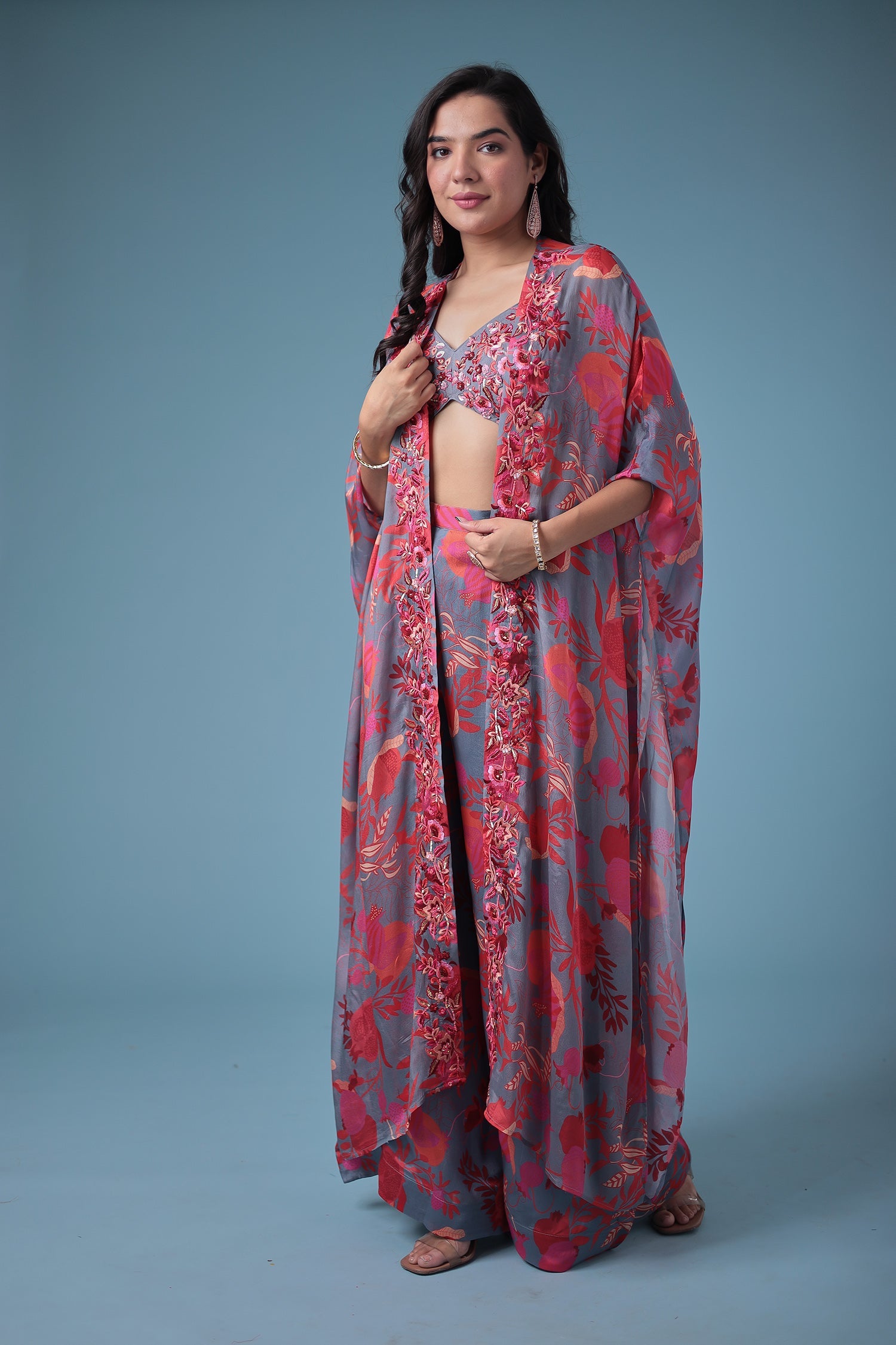 Embroidered Printed Silk Indowestern with Sequins work