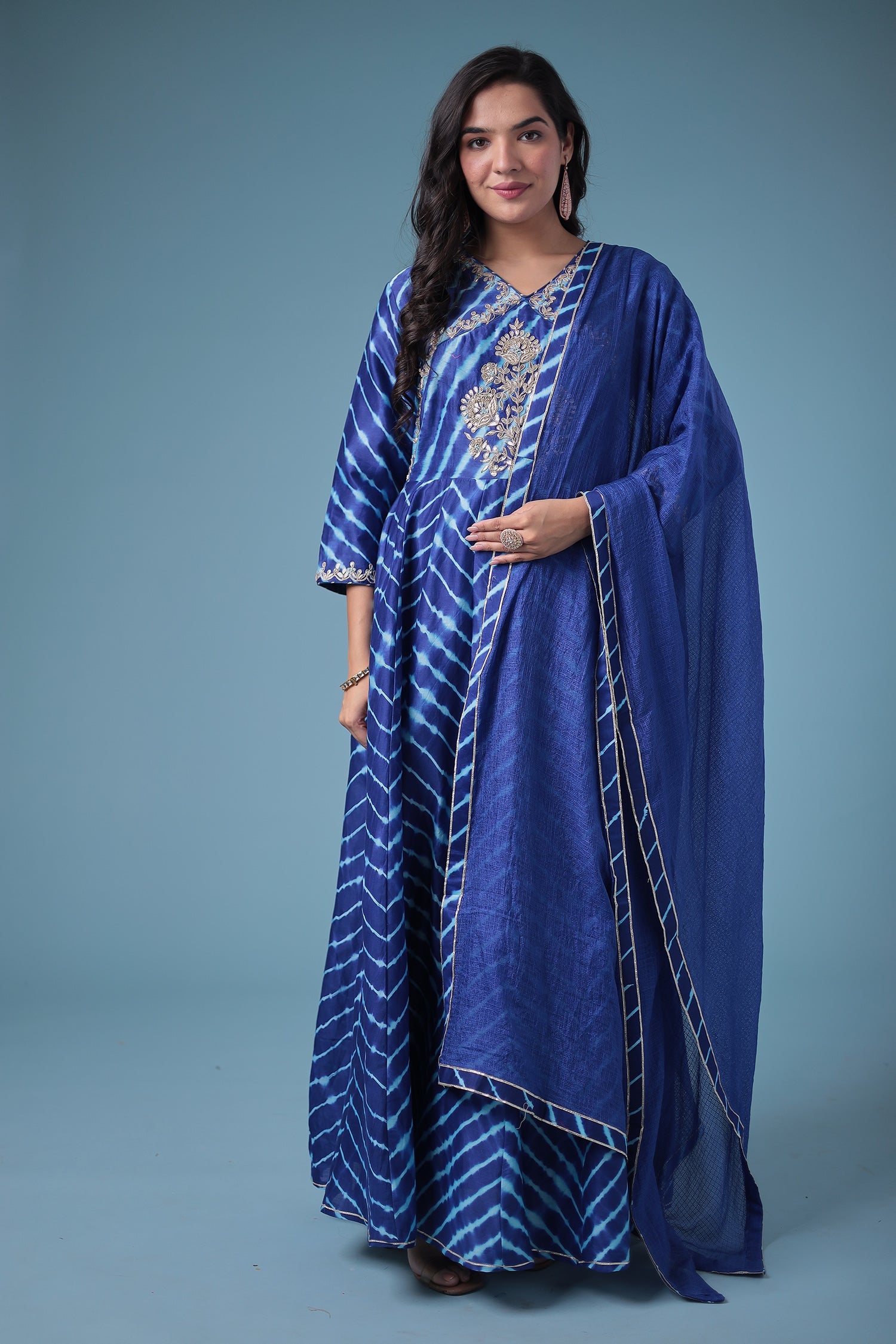 Embroidered Leheriya Chanderi Suit with Gota Patti work.