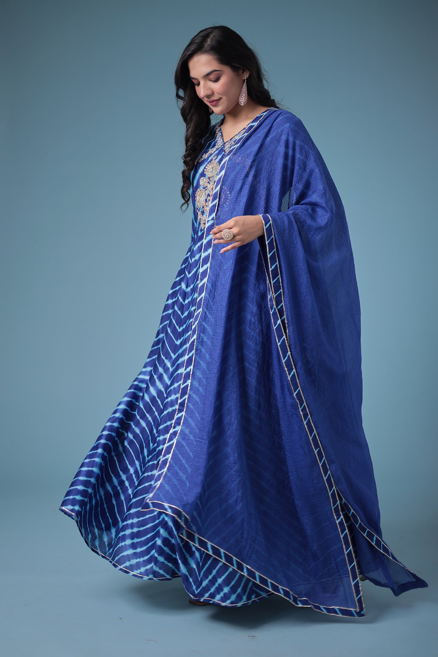 Embroidered Leheriya Chanderi Suit with Gota Patti work.