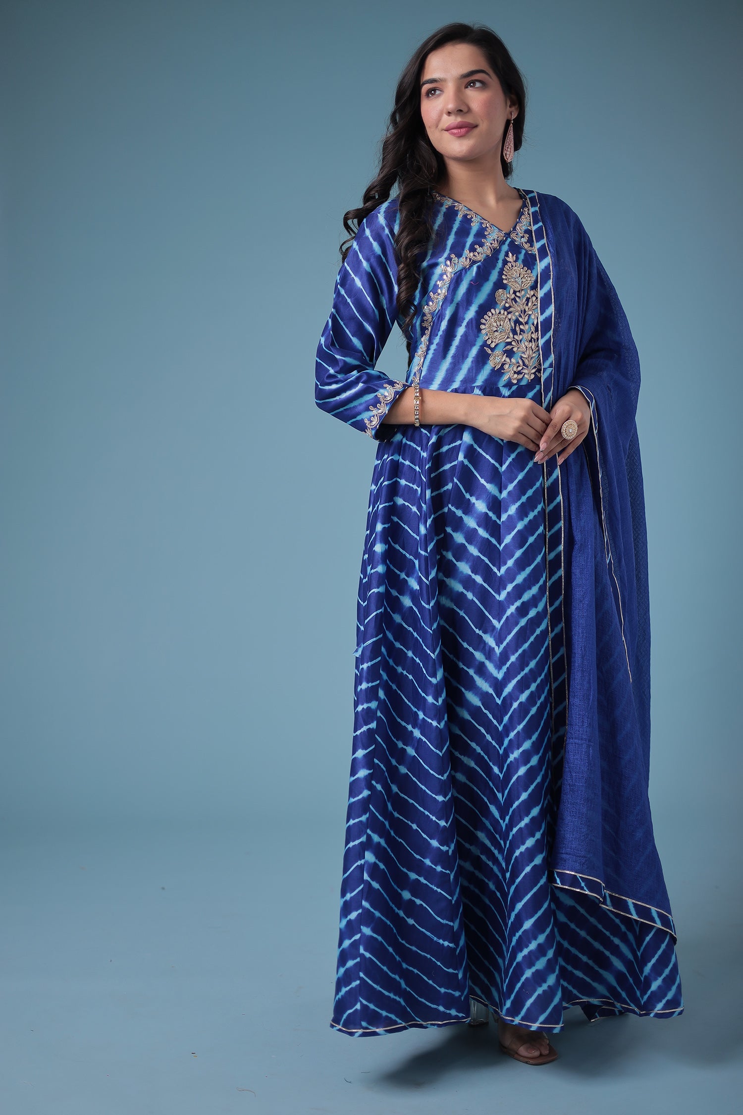 Embroidered Leheriya Chanderi Suit with Gota Patti work.