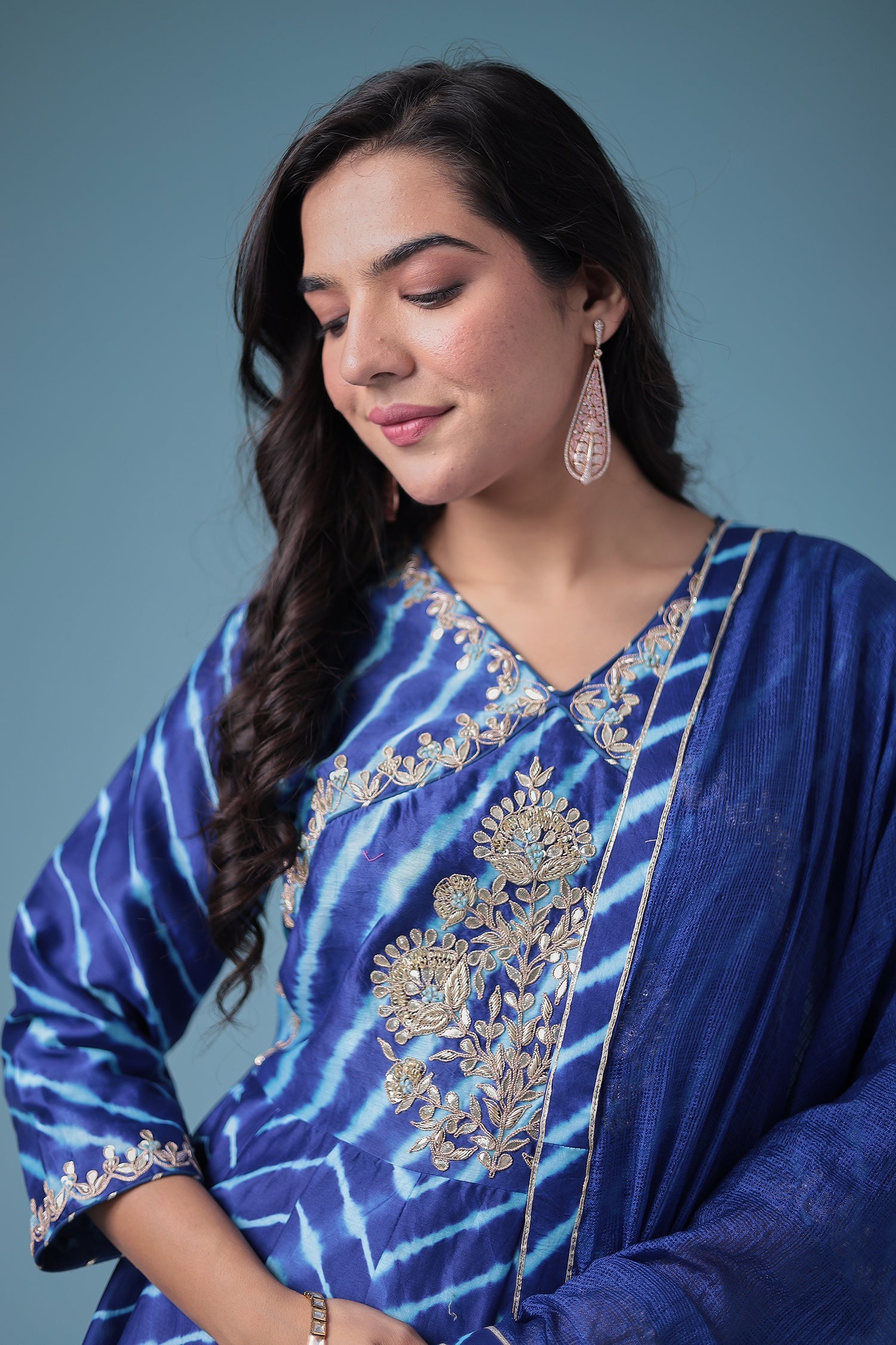 Embroidered Leheriya Chanderi Suit with Gota Patti work.