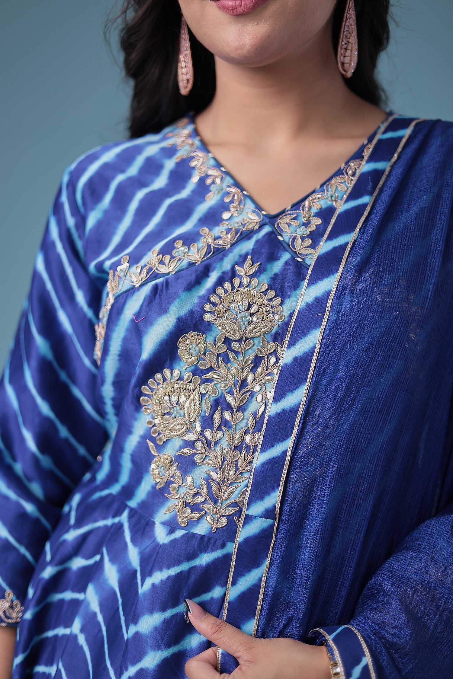 Embroidered Leheriya Chanderi Suit with Gota Patti work.