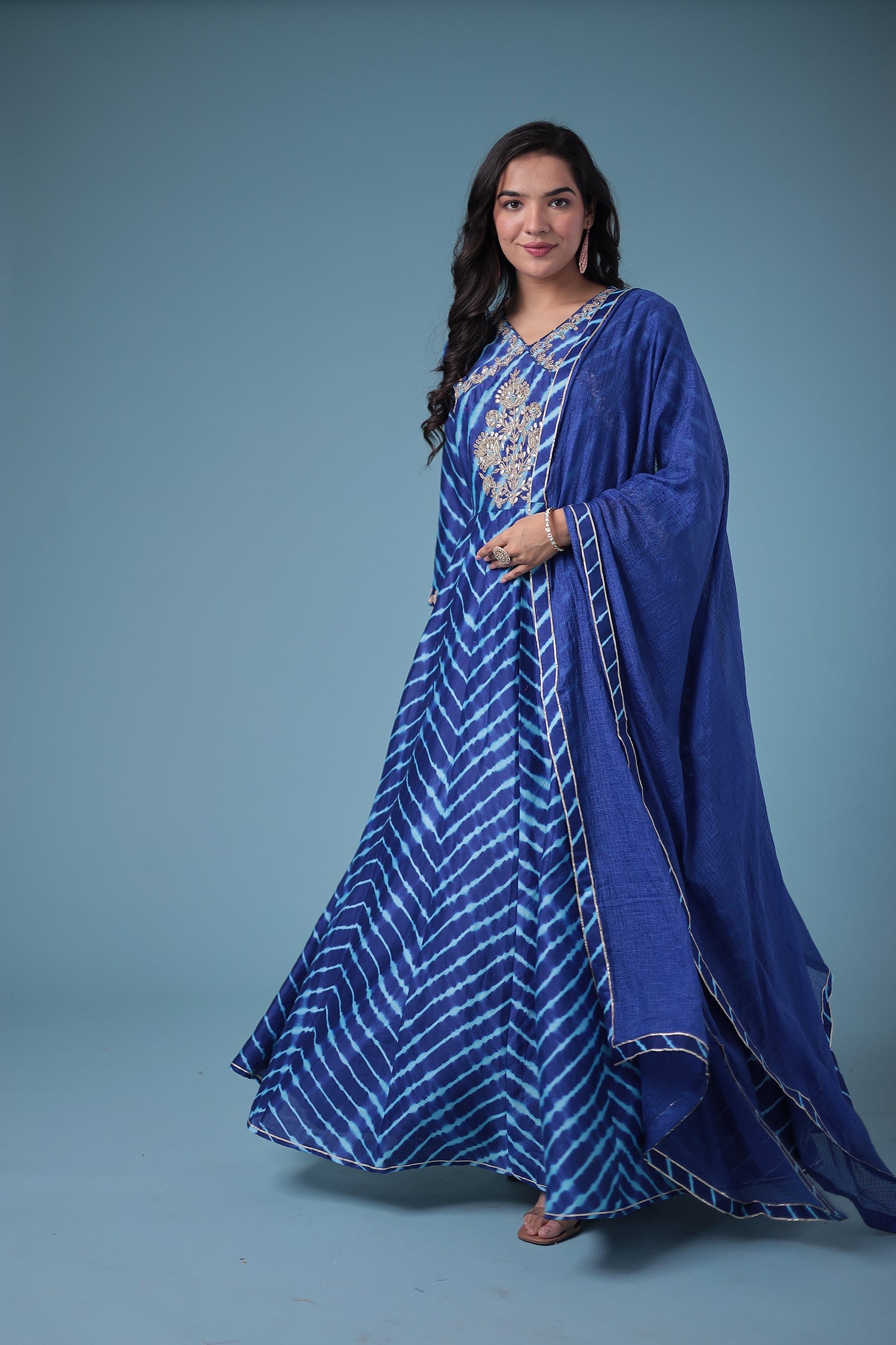 Embroidered Leheriya Chanderi Suit with Gota Patti work.