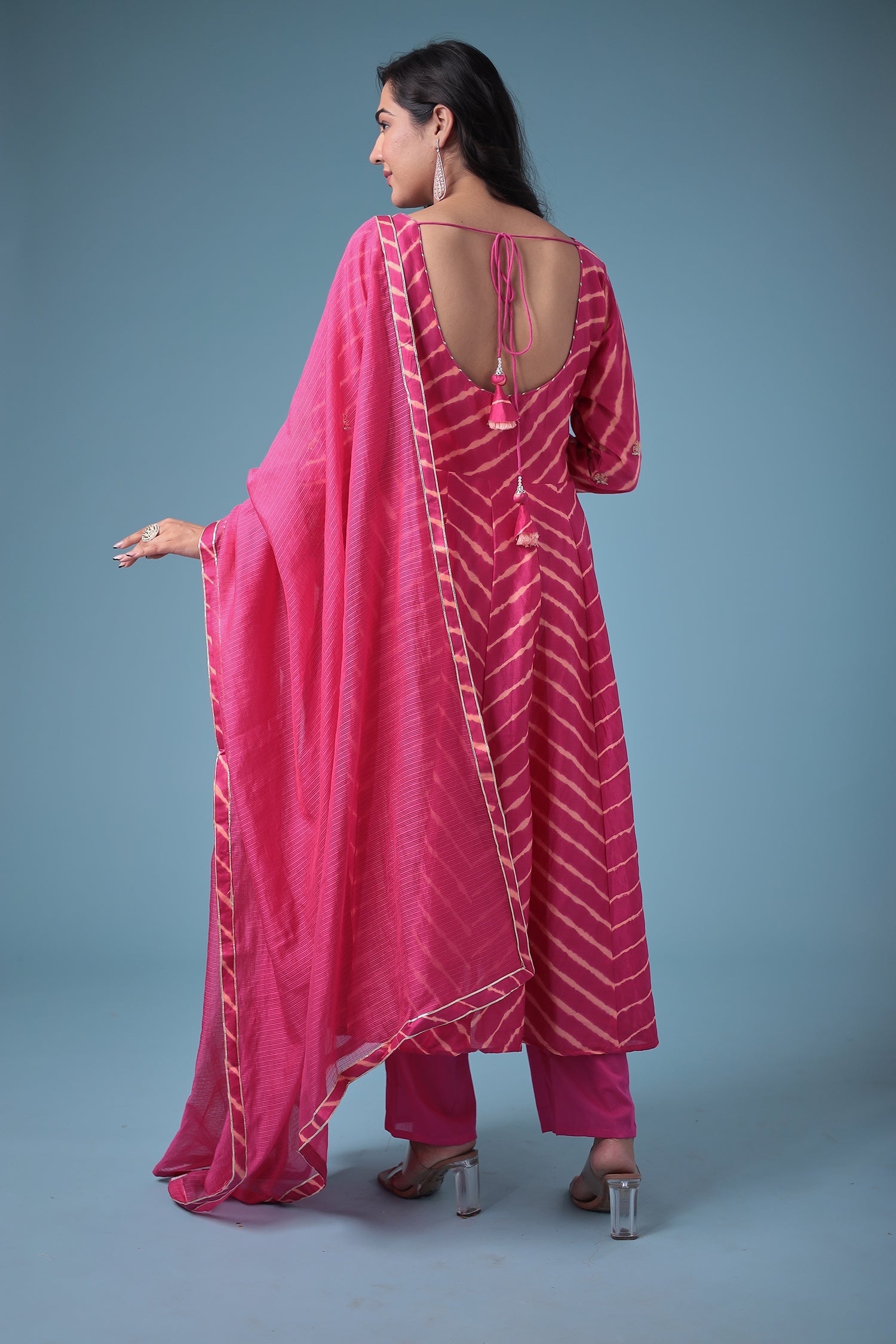 Embroidered Leheriya Chanderi Suit with Gota Patti work.