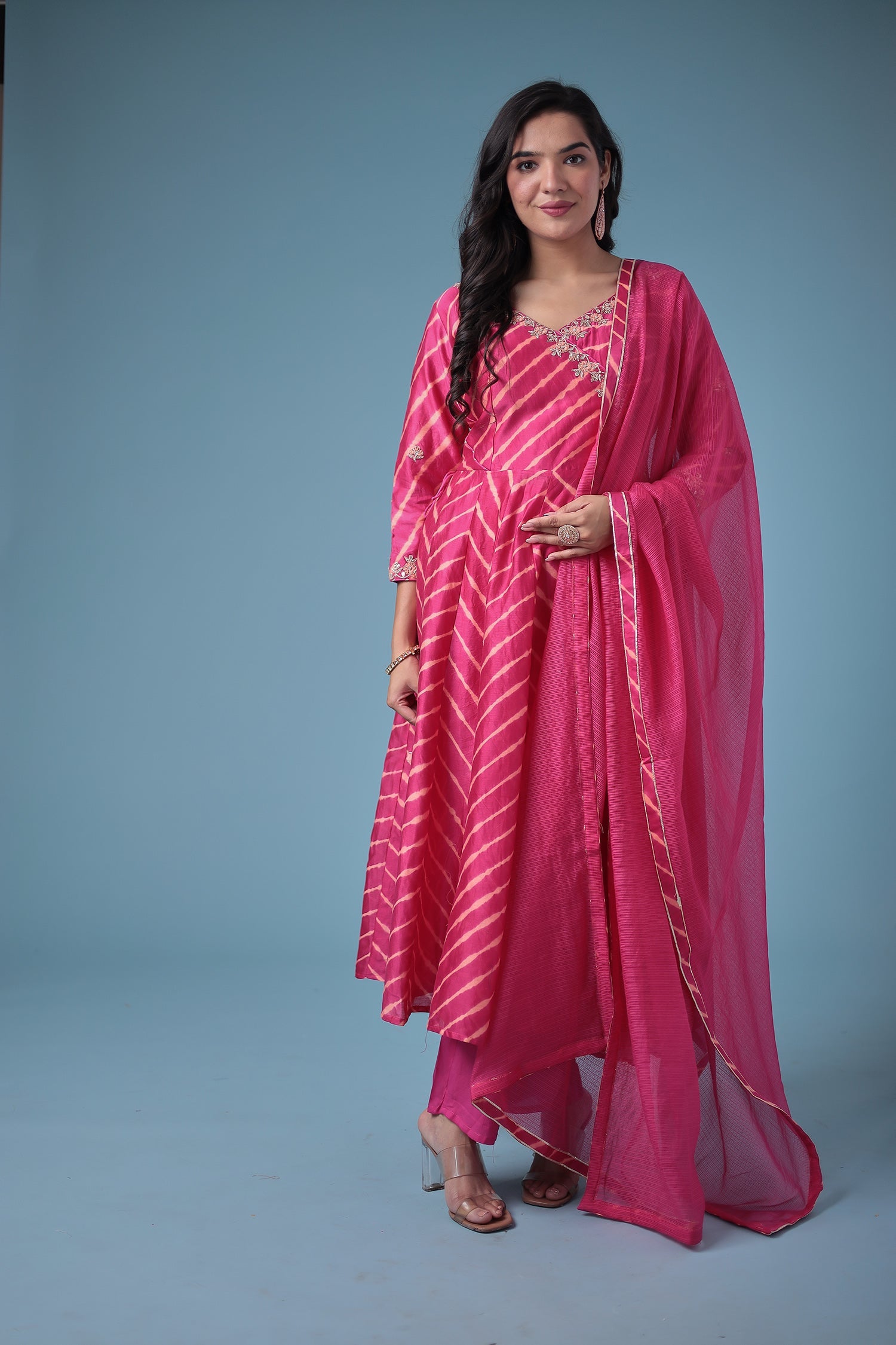 Embroidered Leheriya Chanderi Suit with Gota Patti work.