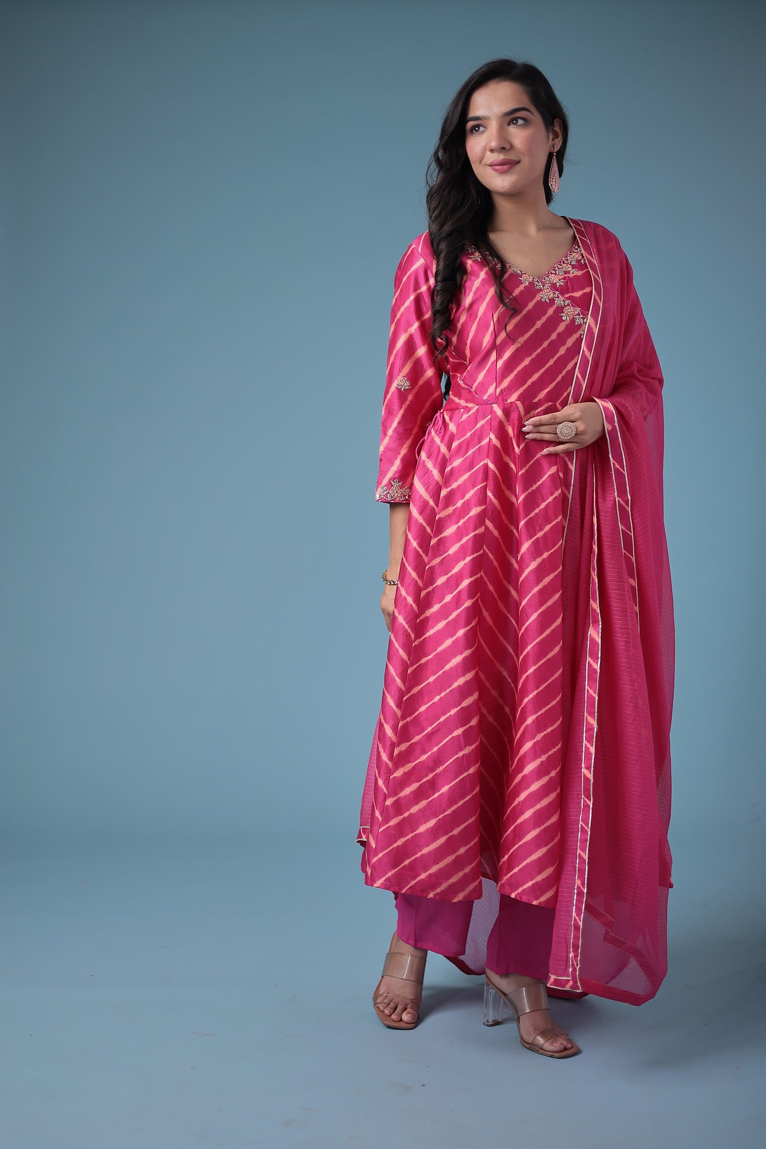 Embroidered Leheriya Chanderi Suit with Gota Patti work.